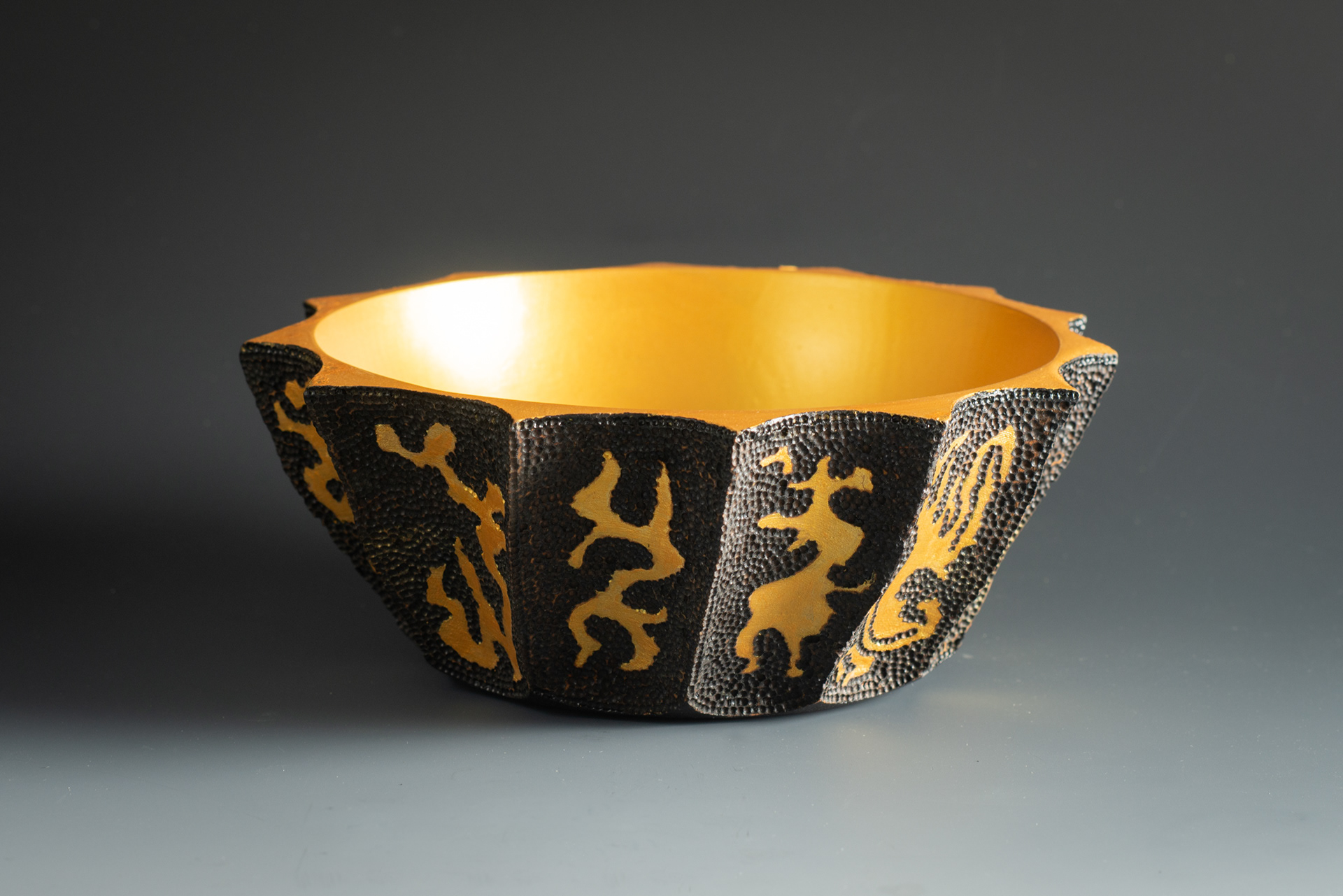 Maple Bowl - carved, textured, painted w/ iridescent bright gold acrylic - $350