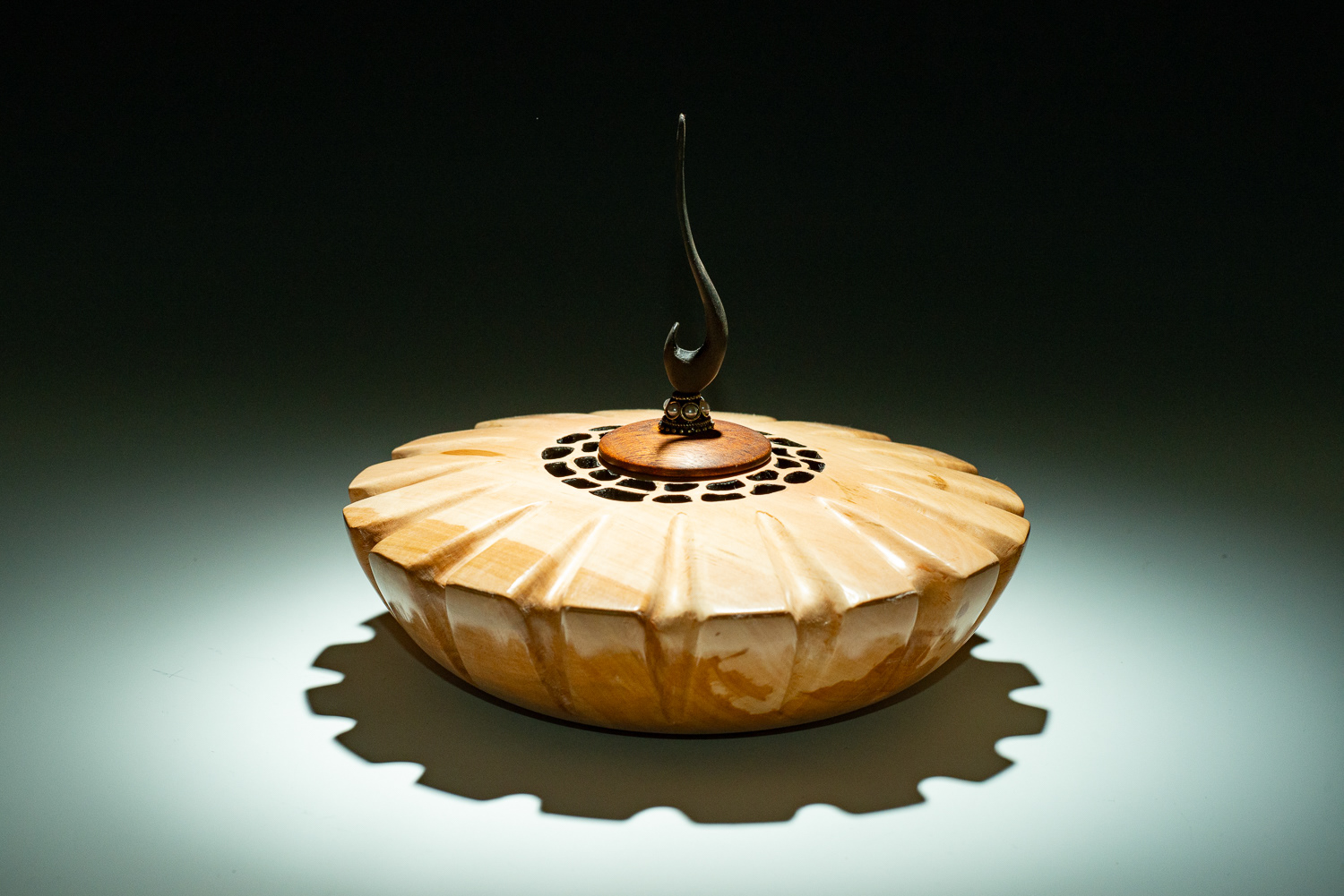 (alternate lighting) Pear hollow form - carved, pierced with Chechen and Ebony Finial - 8" x 7" - $240