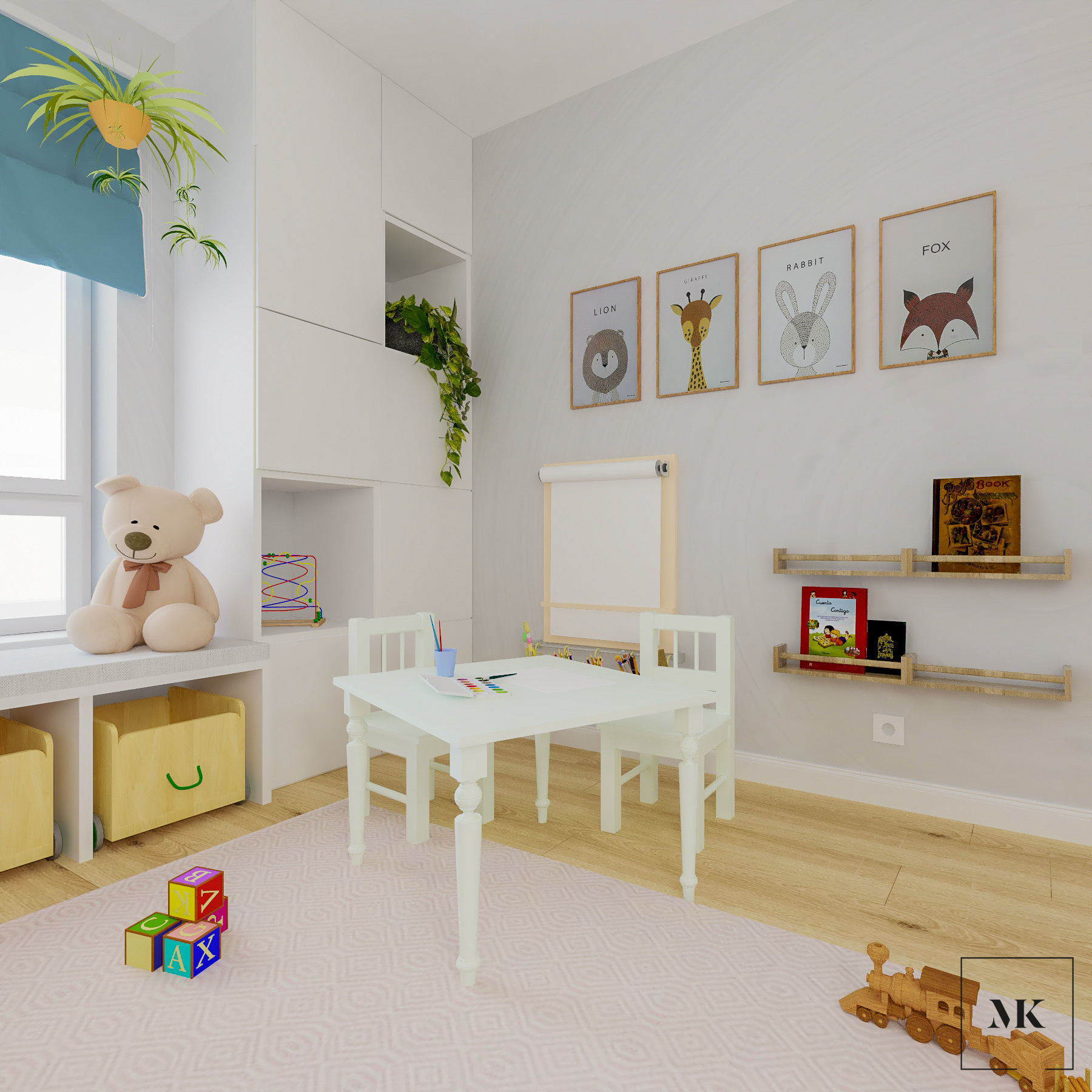 sypialnia dziecka tapeta drzewo chmurka lampa misie łóżko domek