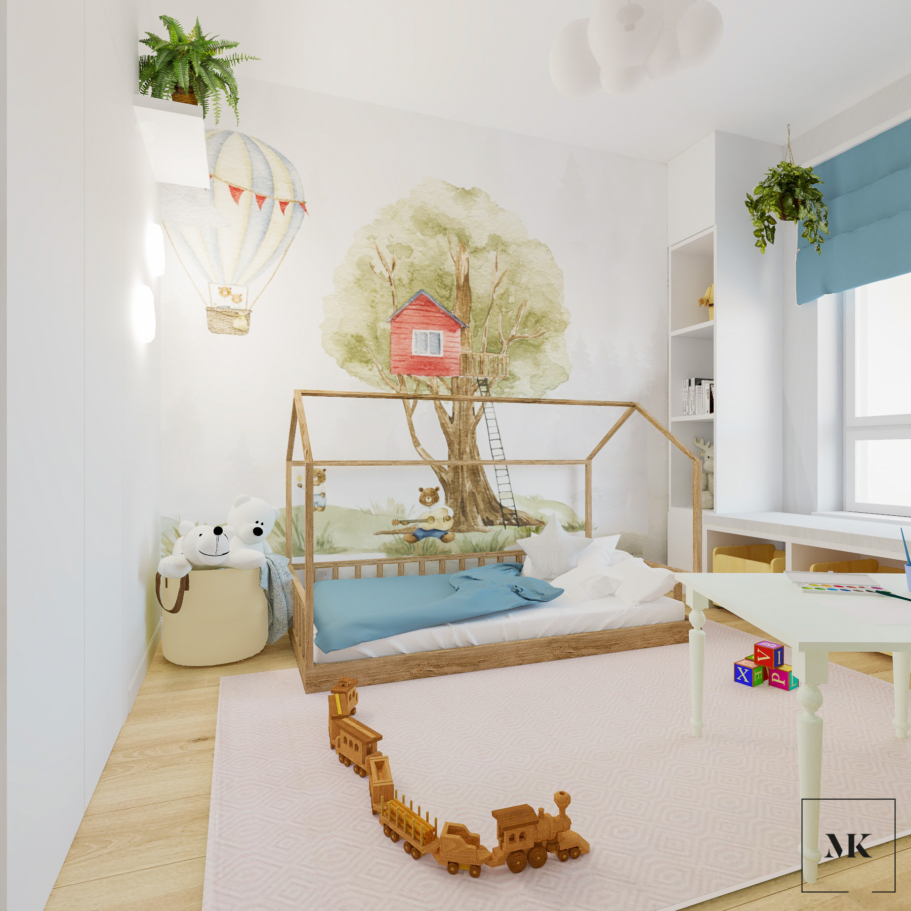 sypialnia dziecka tapeta drzewo chmurka lampa misie łóżko domek