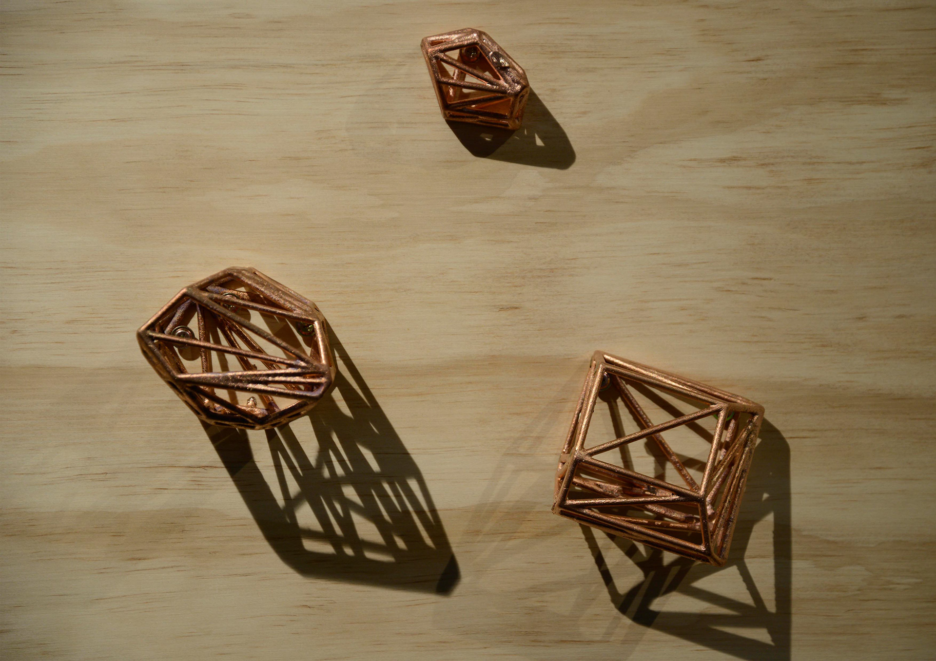'Millionth Acre Archive' (detail). Bracing plywood, cast 3D prints. Dimensions variable. 2017. 3D scans of geological samples from Millionth Acre were converted to wireframe models, 3D printed in castable resin, and cast in conductive copper.