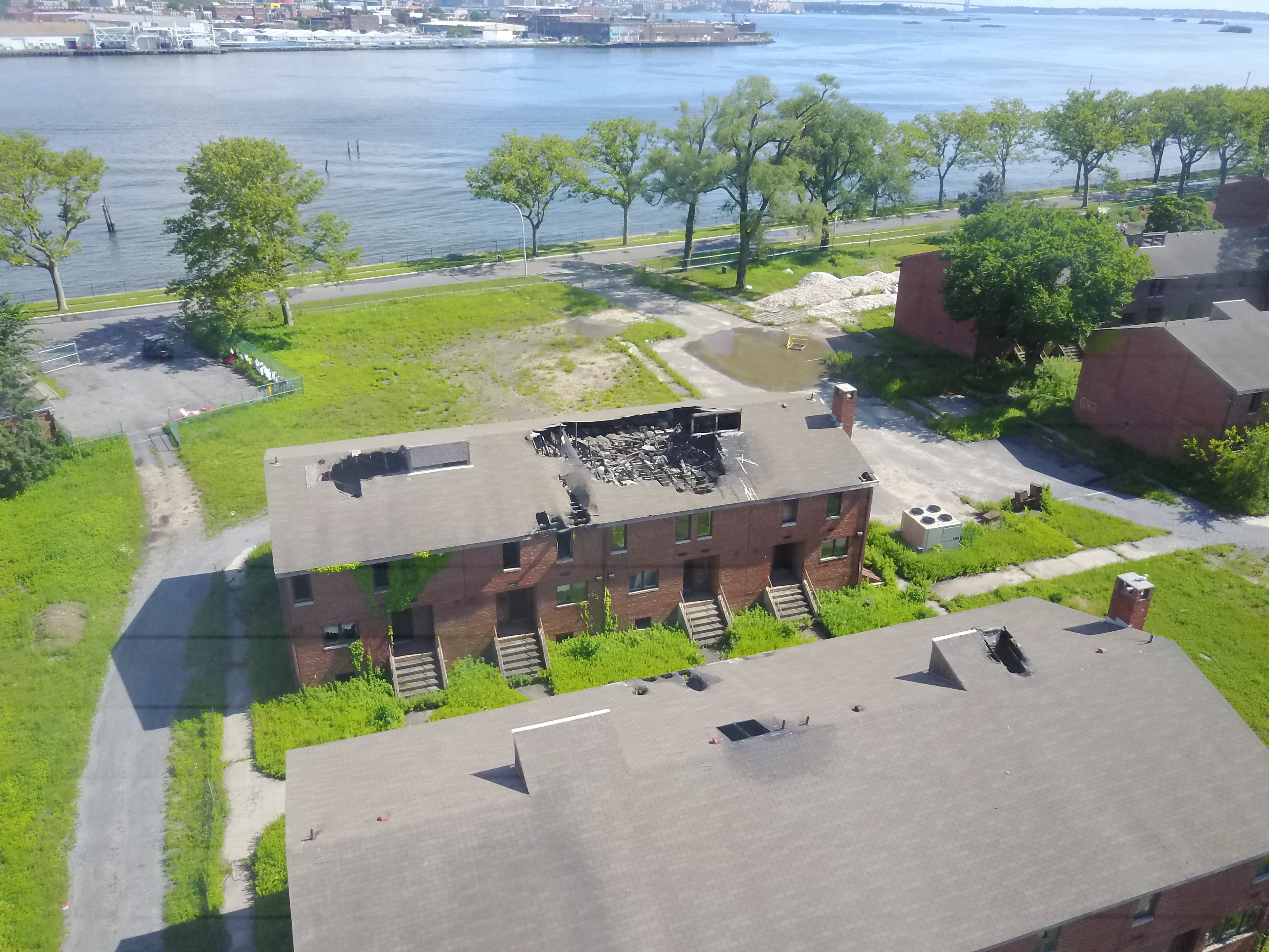 Still from drone flight. Burnt out building in former Coast Guard barracks, Governors Island.