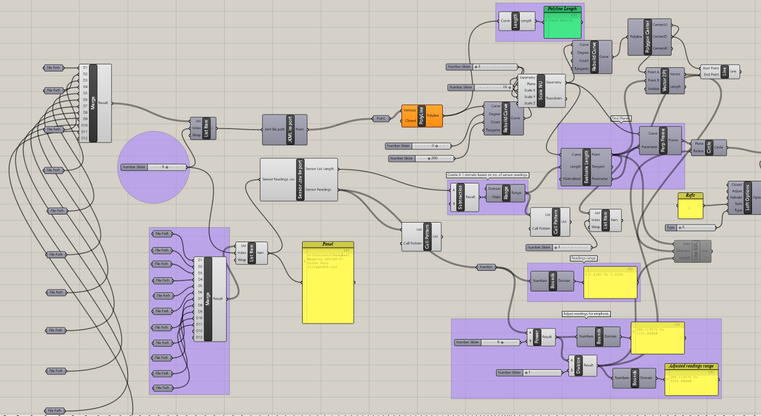 Screenshot of Grasshopper experimentation. This definition was used to convert coordinate values from KML into points in XYZ space in Grasshopper