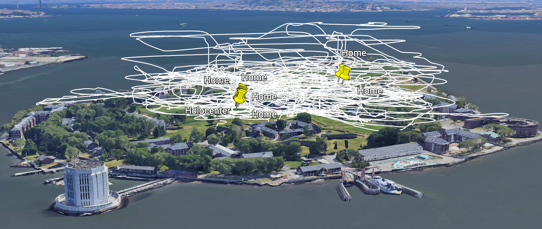 Side view showing dense 3D routes of all drone flights visualised via Google Earth.