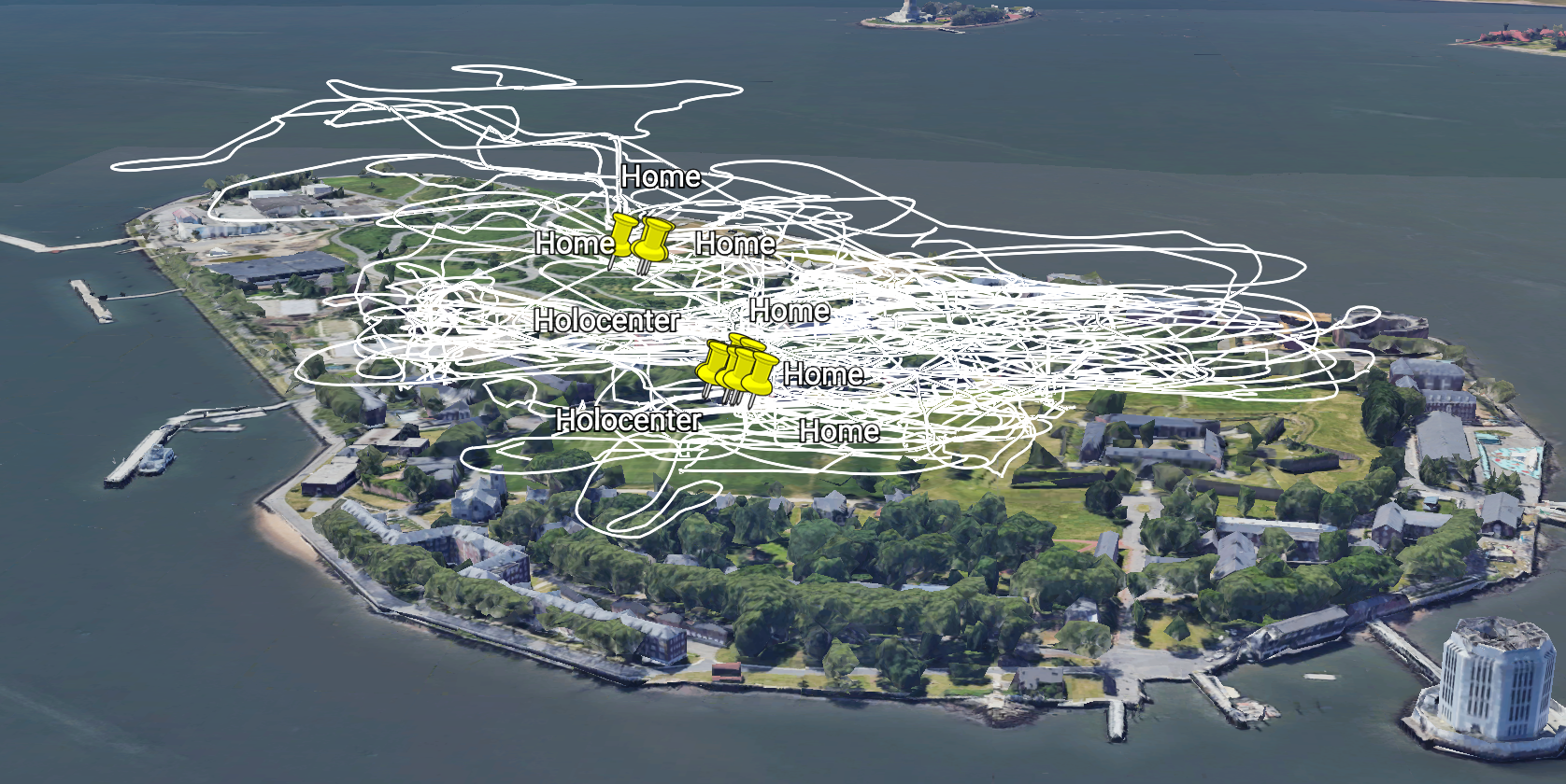 Oblique view showing dense 3D routes of all drone flights visualised via Google Earth. In total, approximately 60 flights were conducted as part of the 'Light and Space' Holocenter residency on Governors Island, New York.