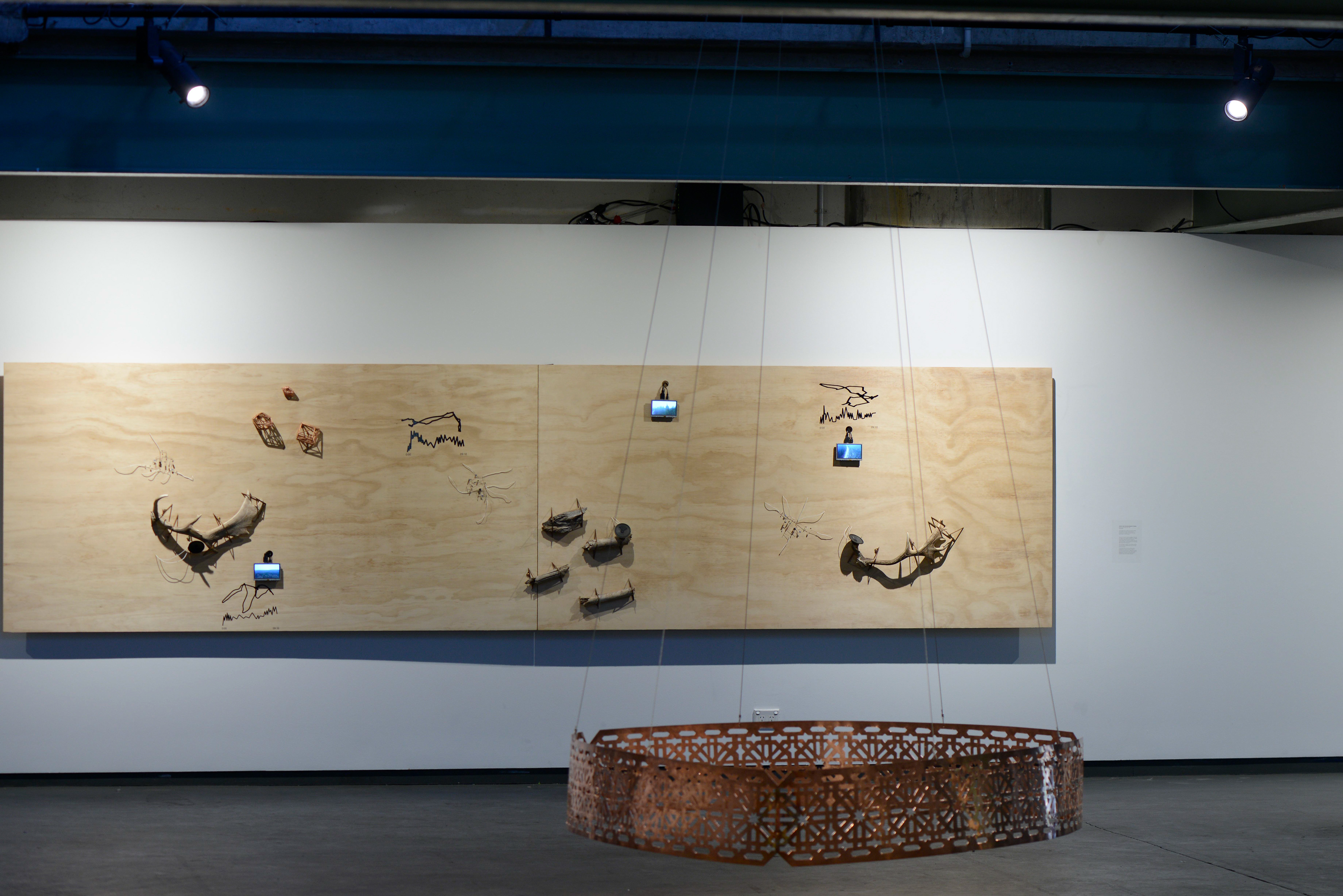 'Millionth Acre Archive' (installation view). Radiata pine, bracing plywood, found antler sheddings, cast 3D prints, custom electronics and field recordings. 120 x 480 cm