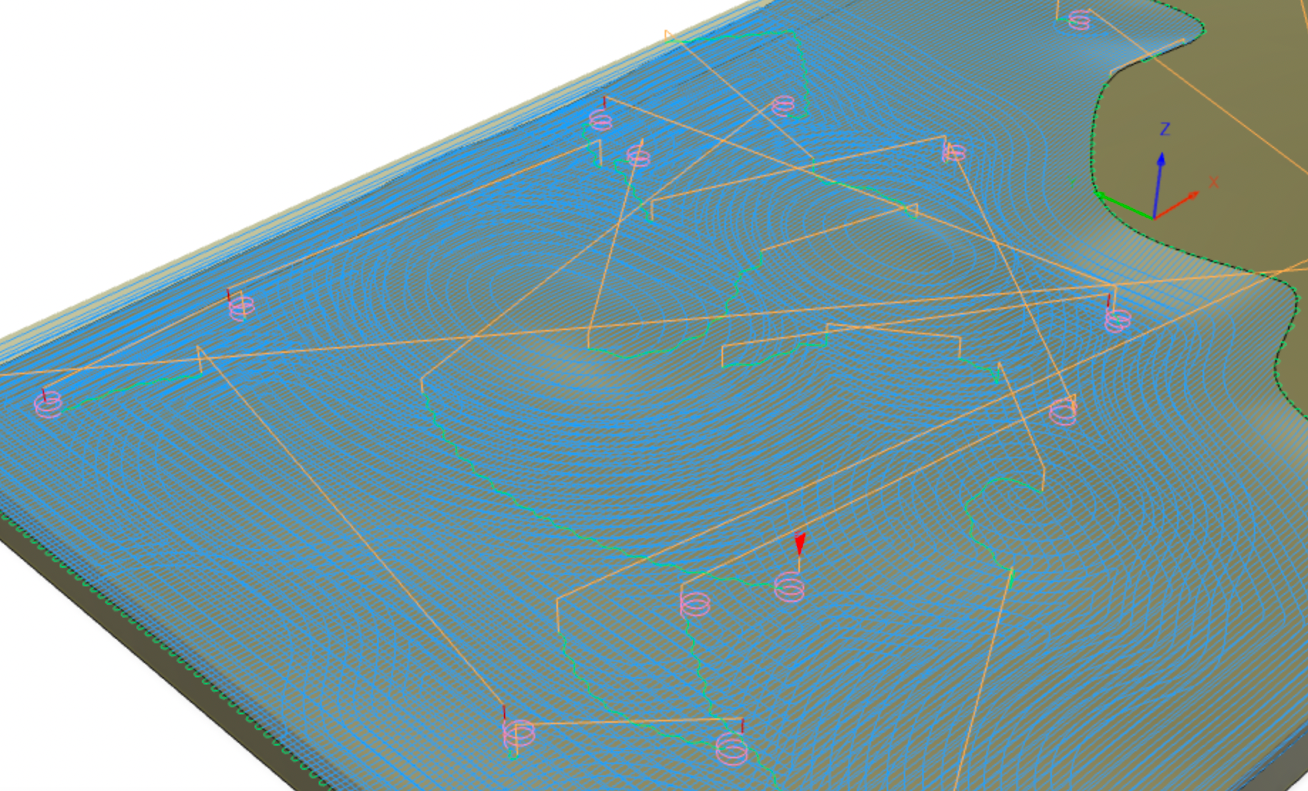 Fusion360 screenshot showing overlay of tool path simulations for both adaptive and parallel clearing operations. Blue lines show simulation of tool movement while cutting, while orange and green lines display movement tool movement between shapes.