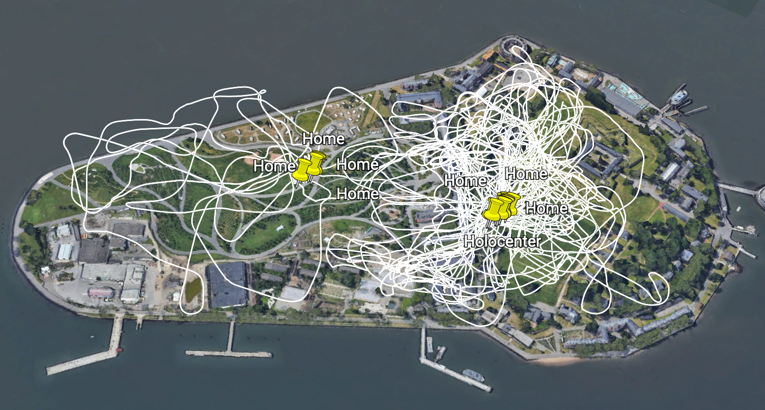 Screenshot showing all drone flights on Governors Island, visualised via Google Earth. Drone flight data is automatically recorded in Keyhole Markup Language (KML), largely for diagnostic/evidentiary purposes when a drone crashes or is used illegally.