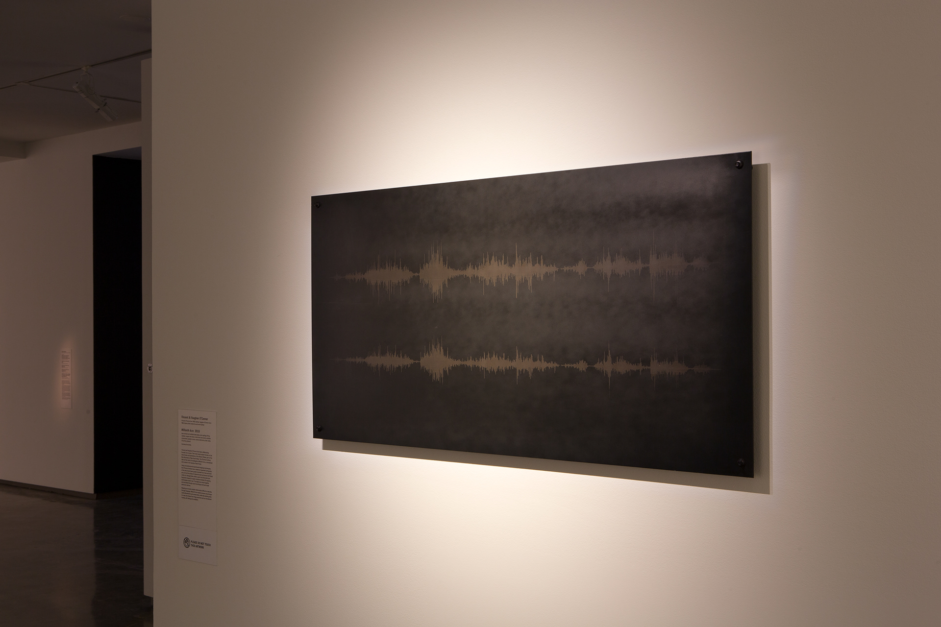 Installation detail, 'Millionth Acre'. 2015. Laser etched panel featuring waveform of field-recording taken onsite. Steel, oxidisation, industrial clear coat. 120x60cm