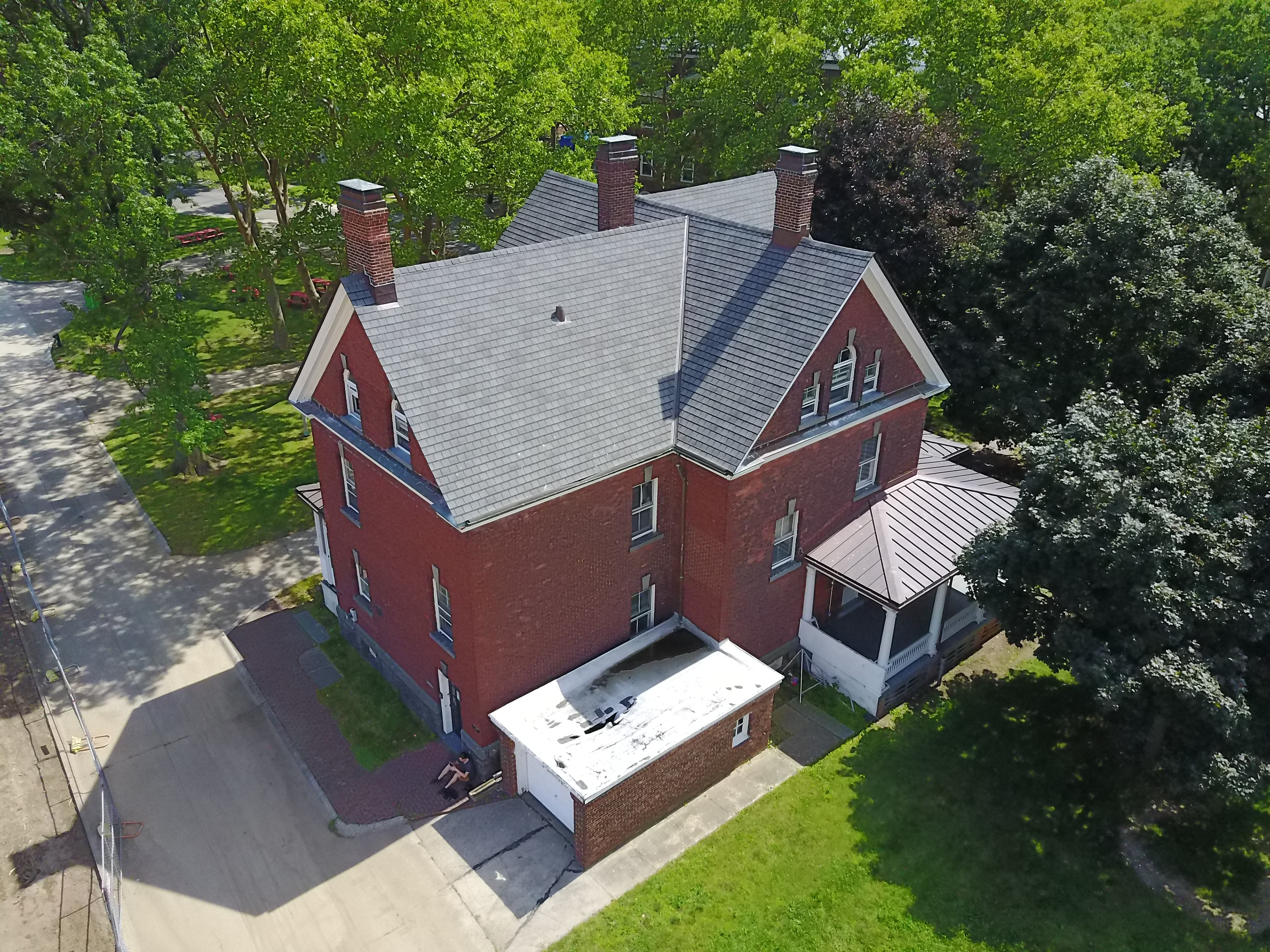 Still from drone flight showing Holocenter building, Governors Island. Drone flights were launched from this location while conducting a 'Light and Space' artist residency in 2017.