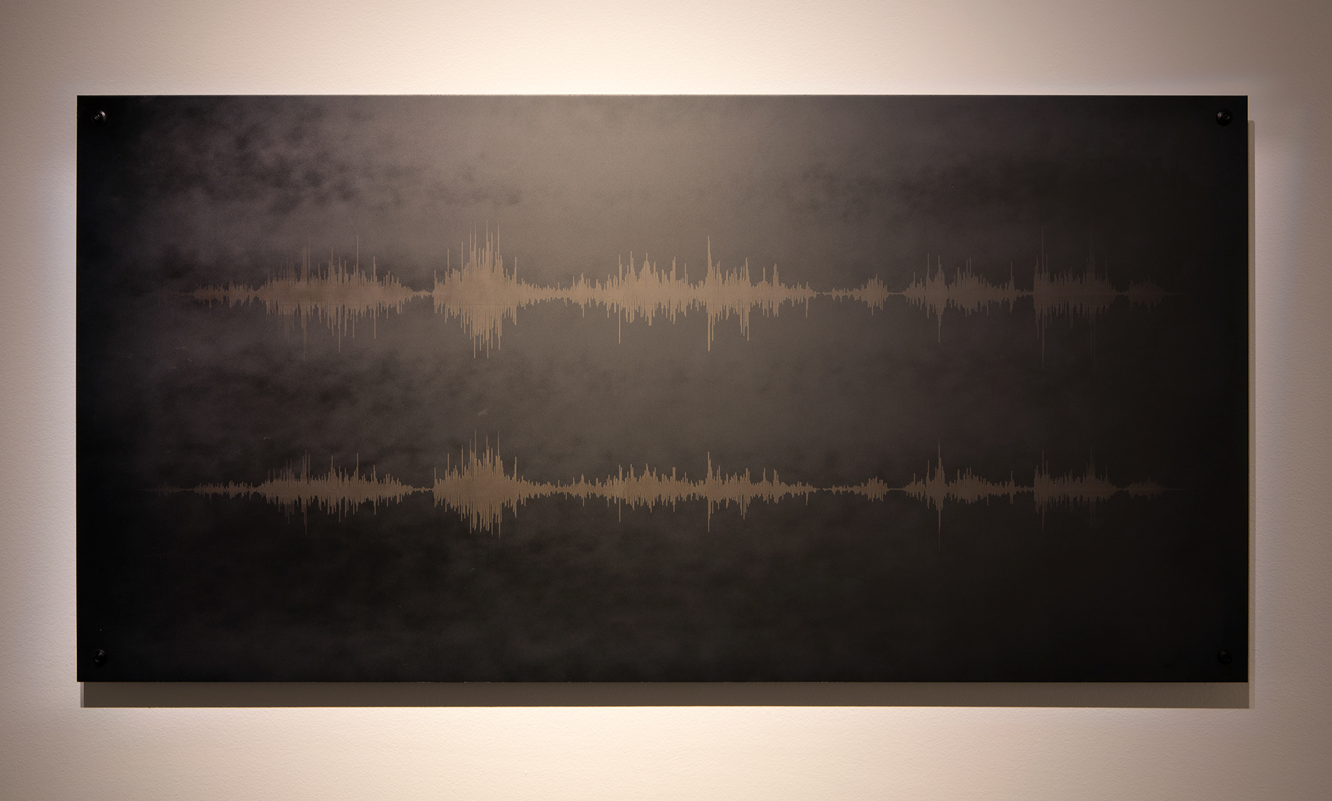 Installation detail, 'Millionth Acre'. 2015. Laser etched panel featuring waveform of field-recording taken onsite. Steel, oxidisation, industrial clear coat. 120x60cm