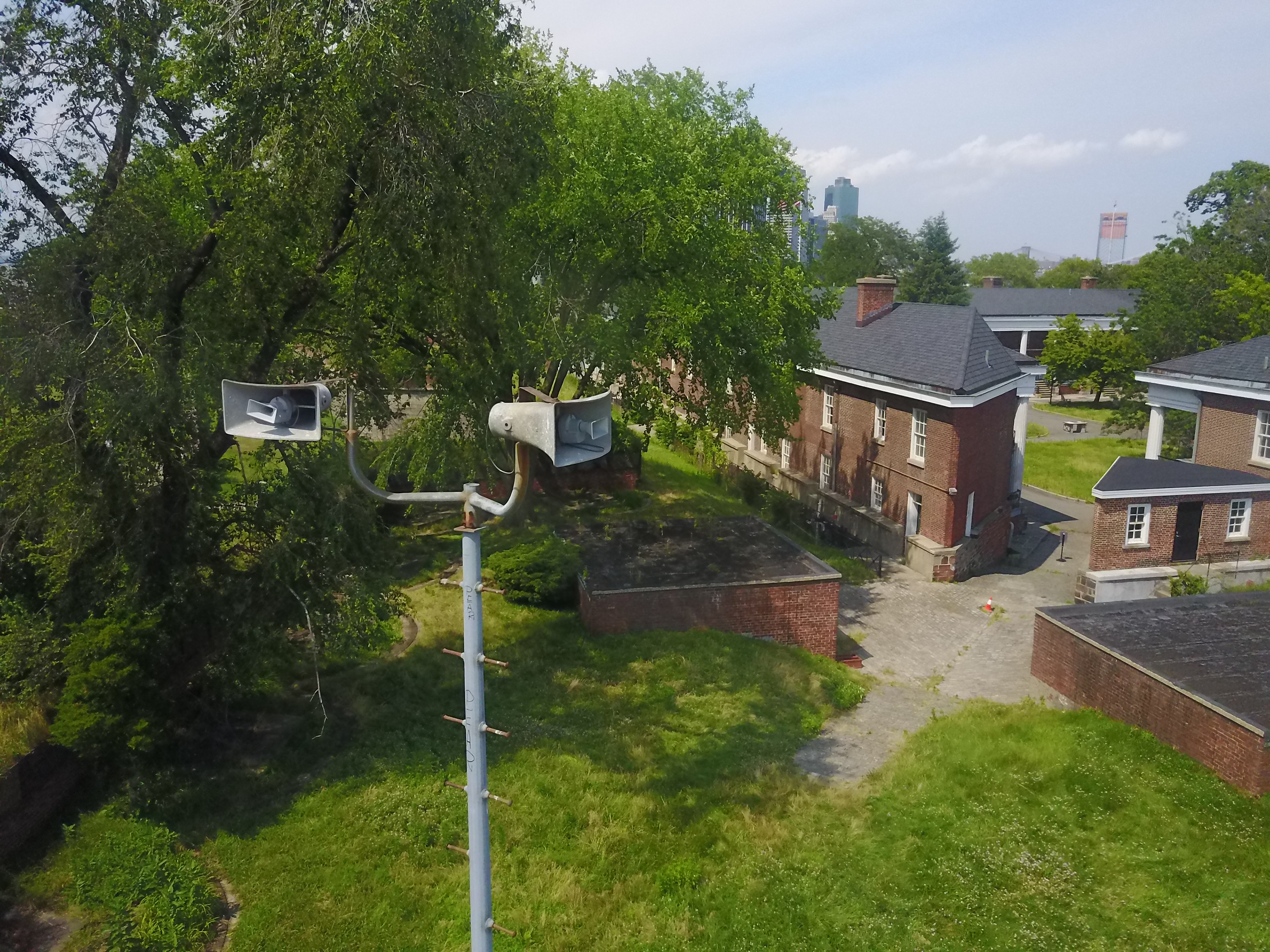 Still from drone flight. Former air-raid sirens at Fort Jay on Governors Island.