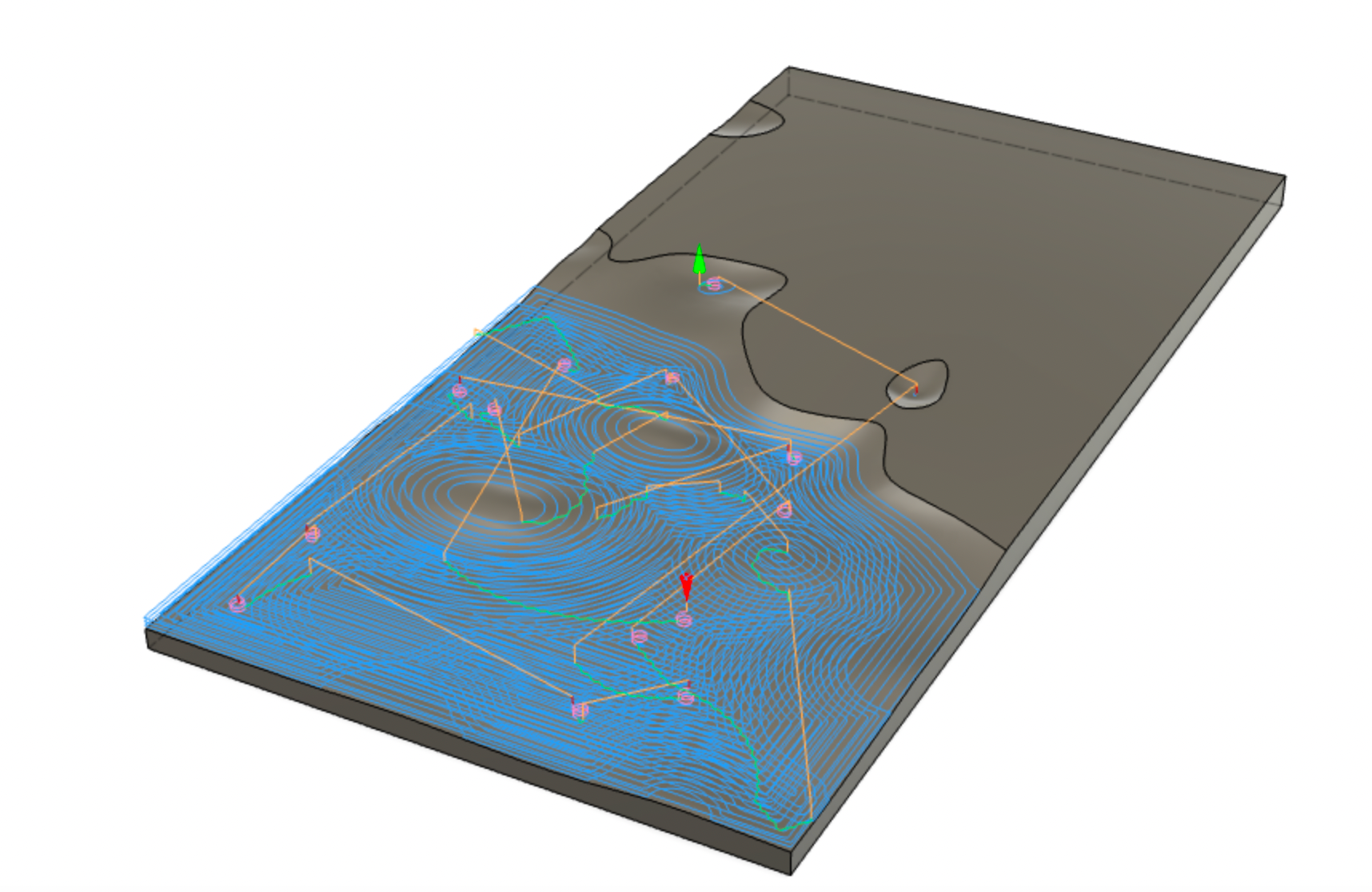 Fusion 360 screenshot showing detail of adaptive clearing tool pathway. This clearing operation removes the main contours from the material using a roughing bit.