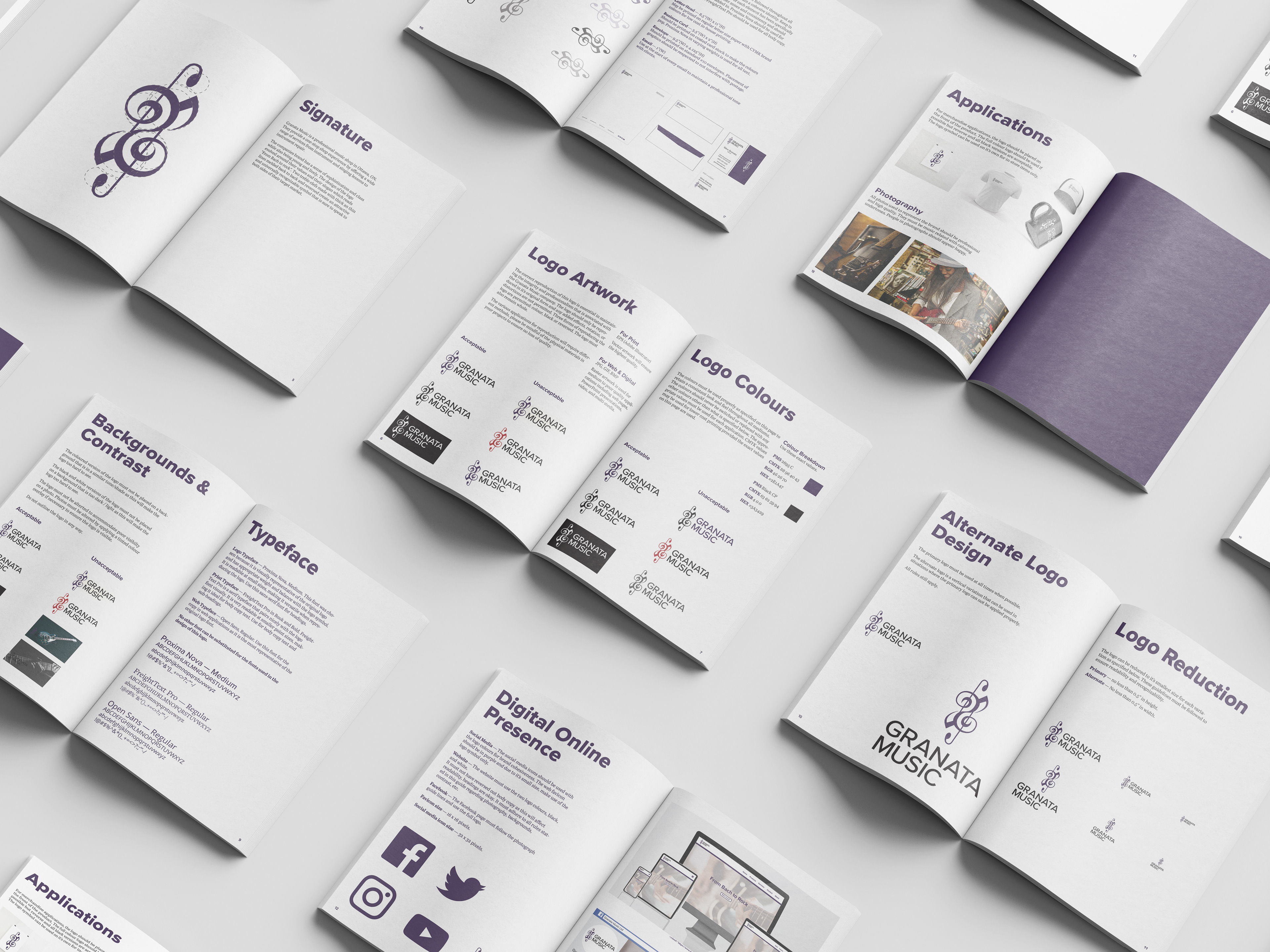 Granata Music branding guide pages laid out in rows.