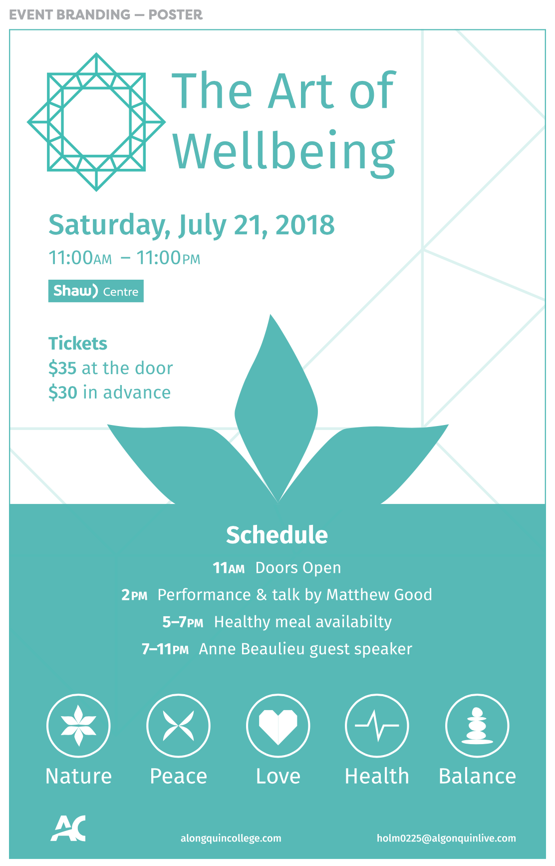 Event poster for a wellbeing event, white and teal colour palette, simple layout and imagery.