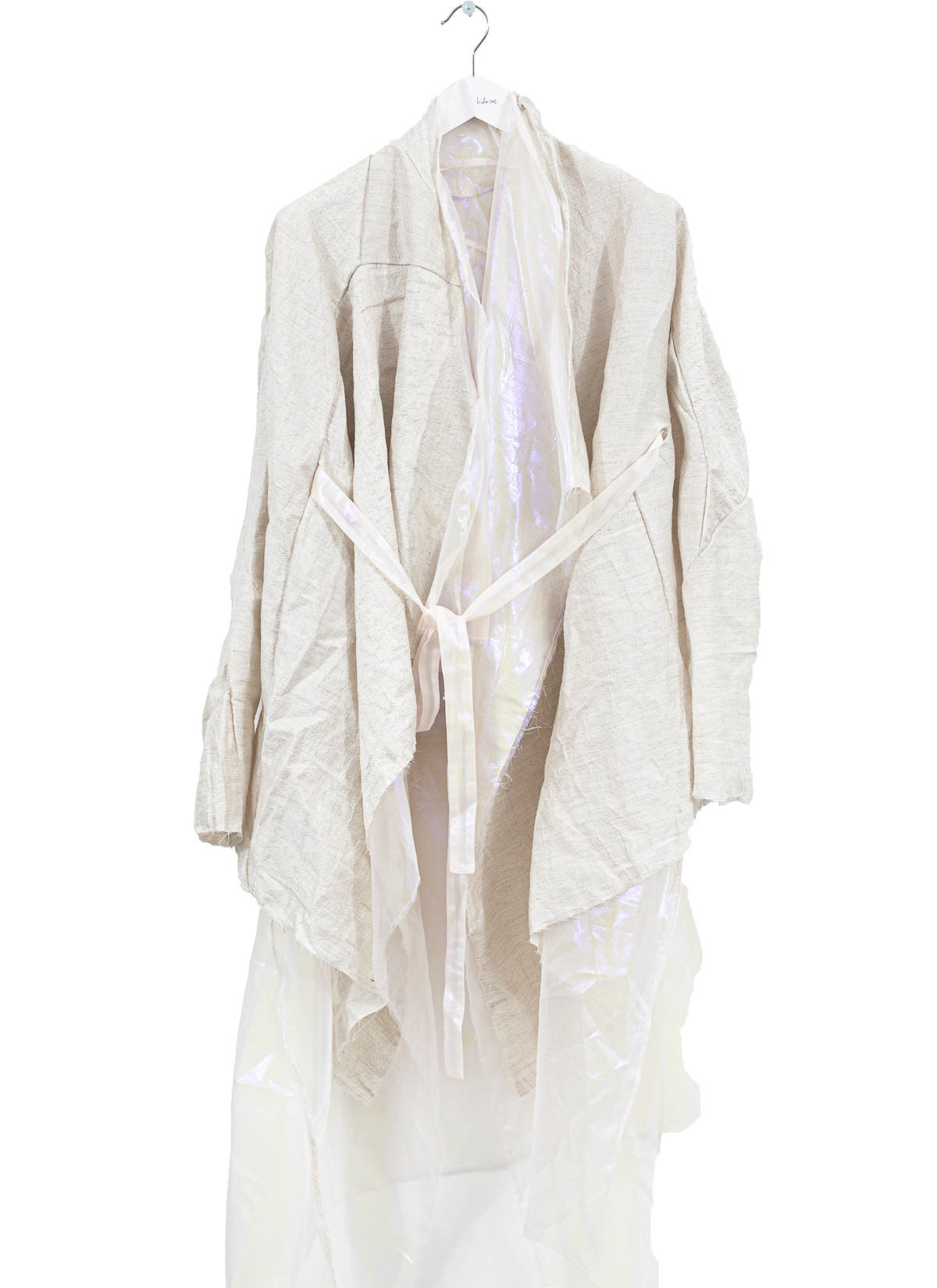 distortion belted curved cardigan (seperateable), pearl white, linen cotton pa