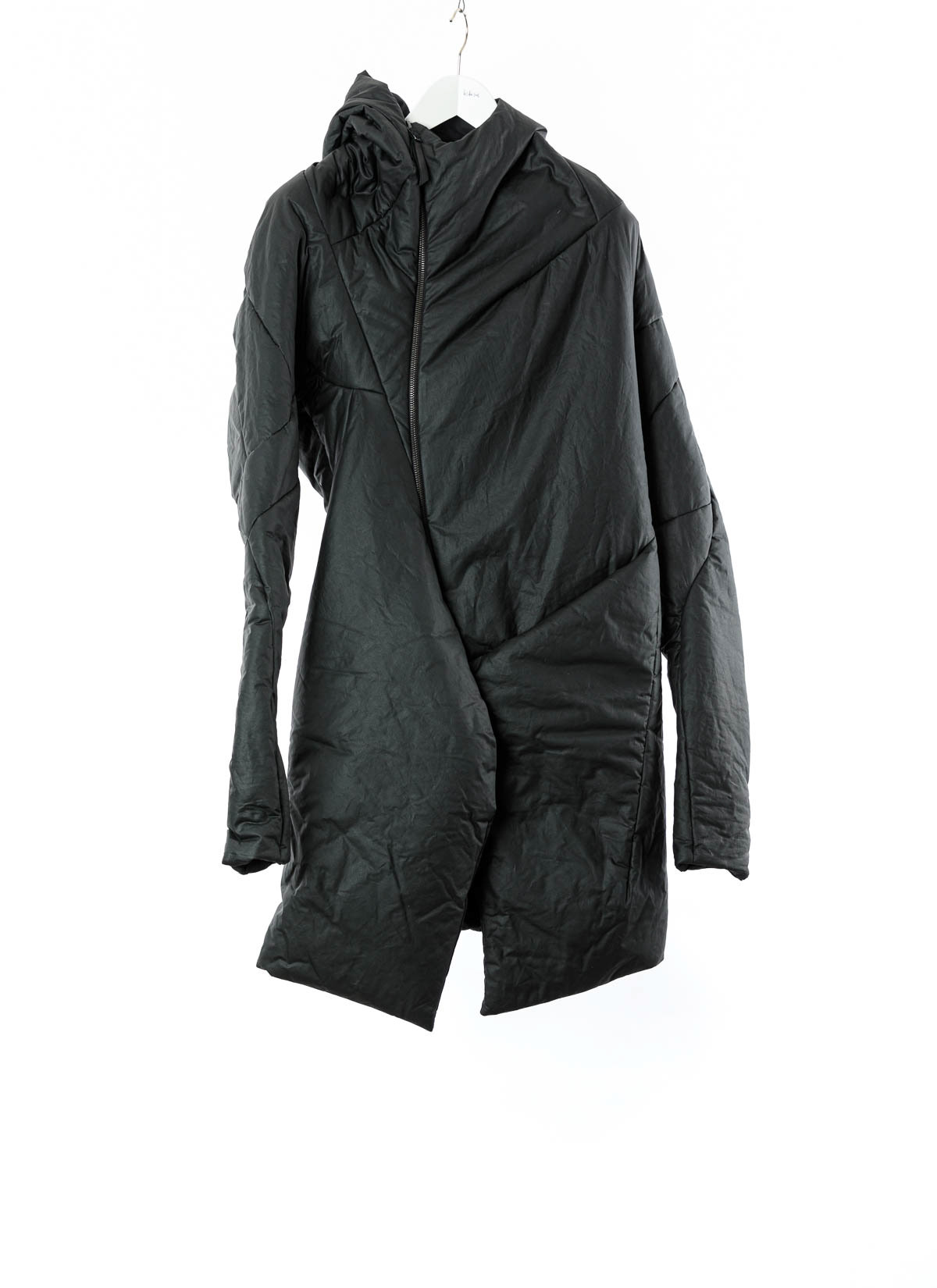 distortion curved hooded down coat, black, waxed cotton