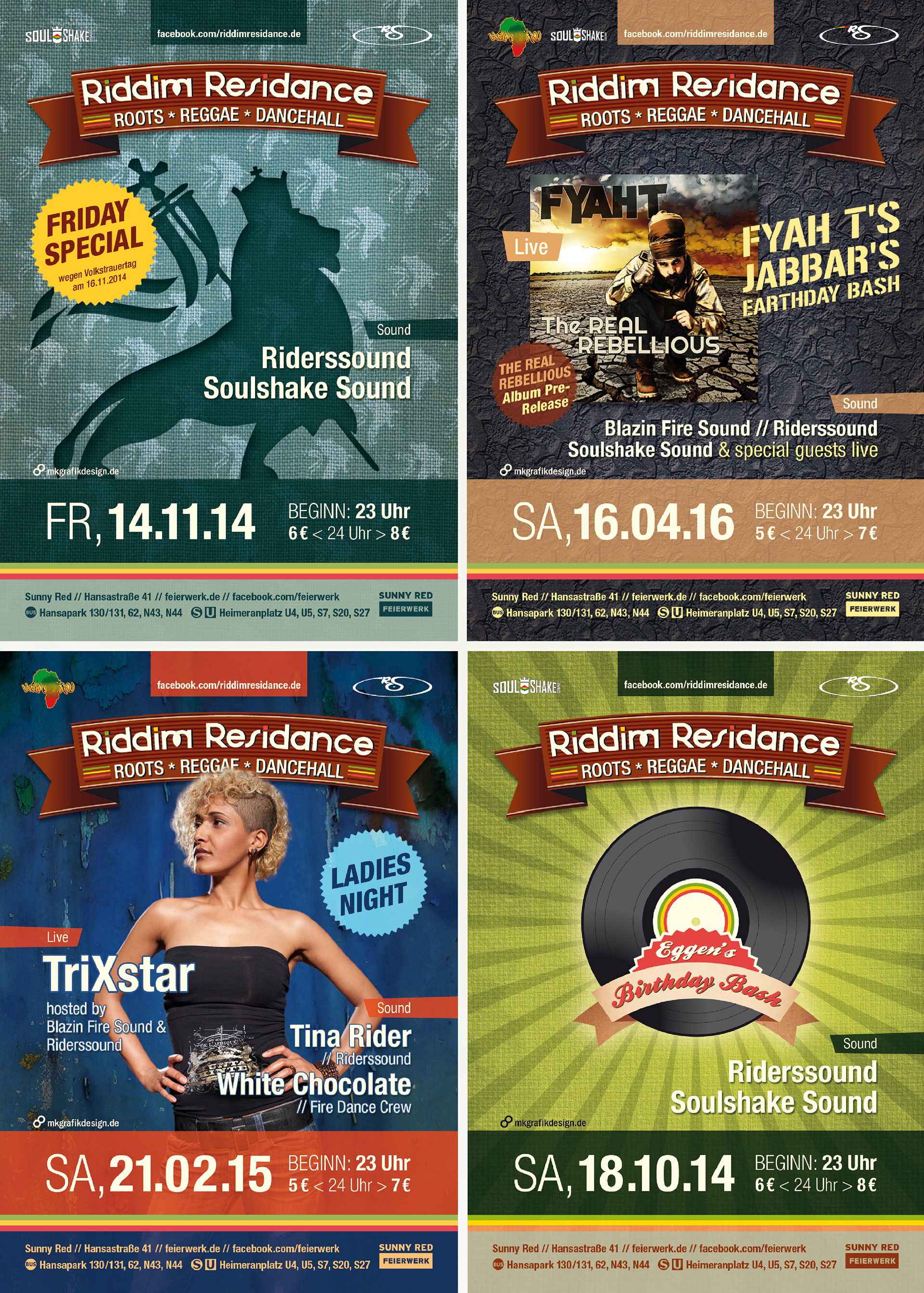 Konzeption & Gestaltung von Flyern für »Riddim Residance« Idee- und Bildauswahl | Gestaltung | Druckproduktion Kunde: Veranstalter von Riddim Residance