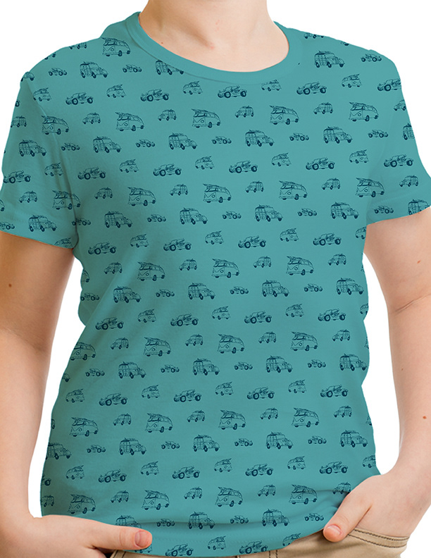 Surf Wagons - Hand drawn elements, to design unique pattern. Screen print. Created in Illustrator.