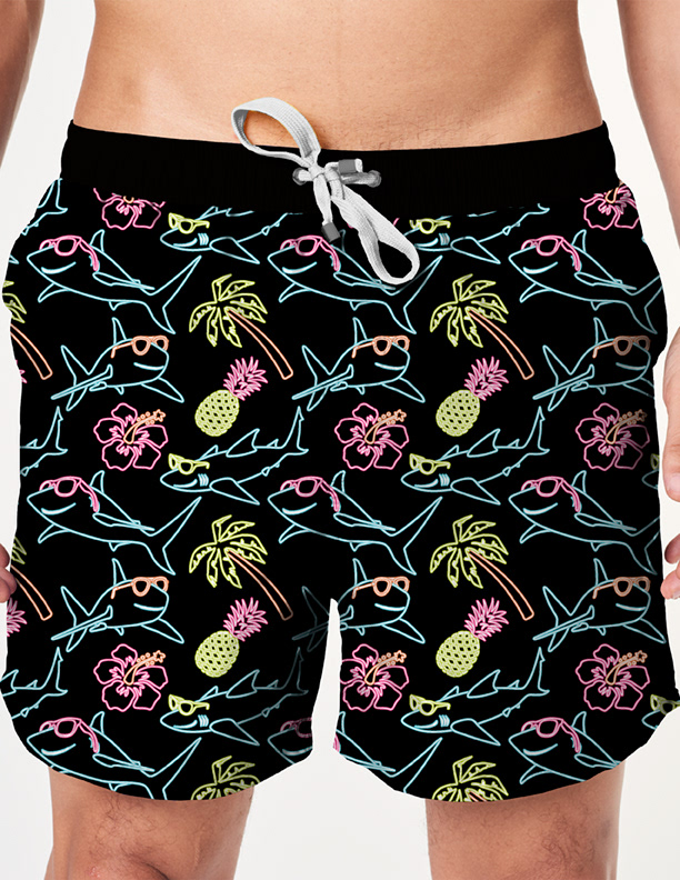 Neon Shark Party - Digitally drawn elements, used to design unique pattern. Created in Illustrator.