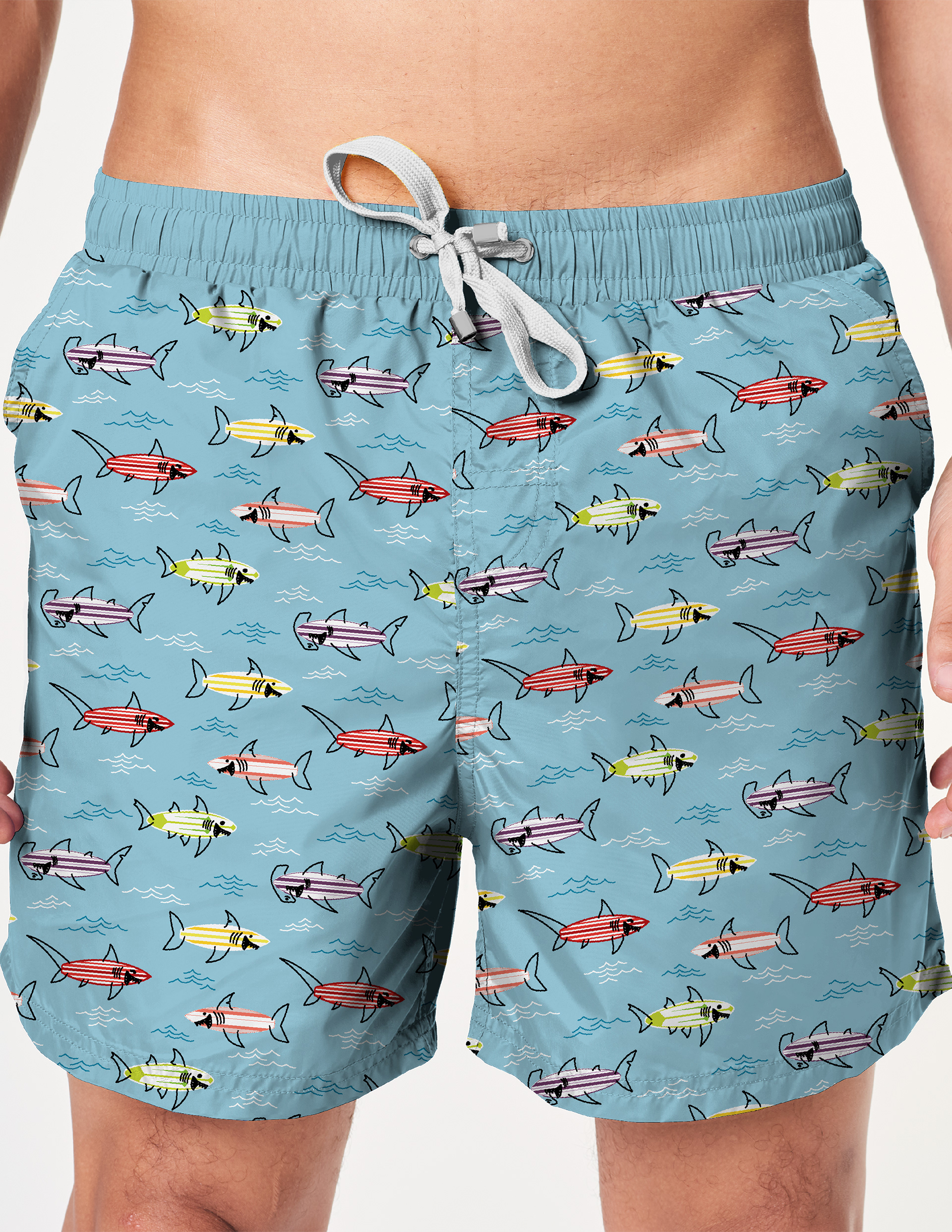 Surfboard Sharks - Digitally drawn elements, used to design unique pattern. Created in Illustrator.