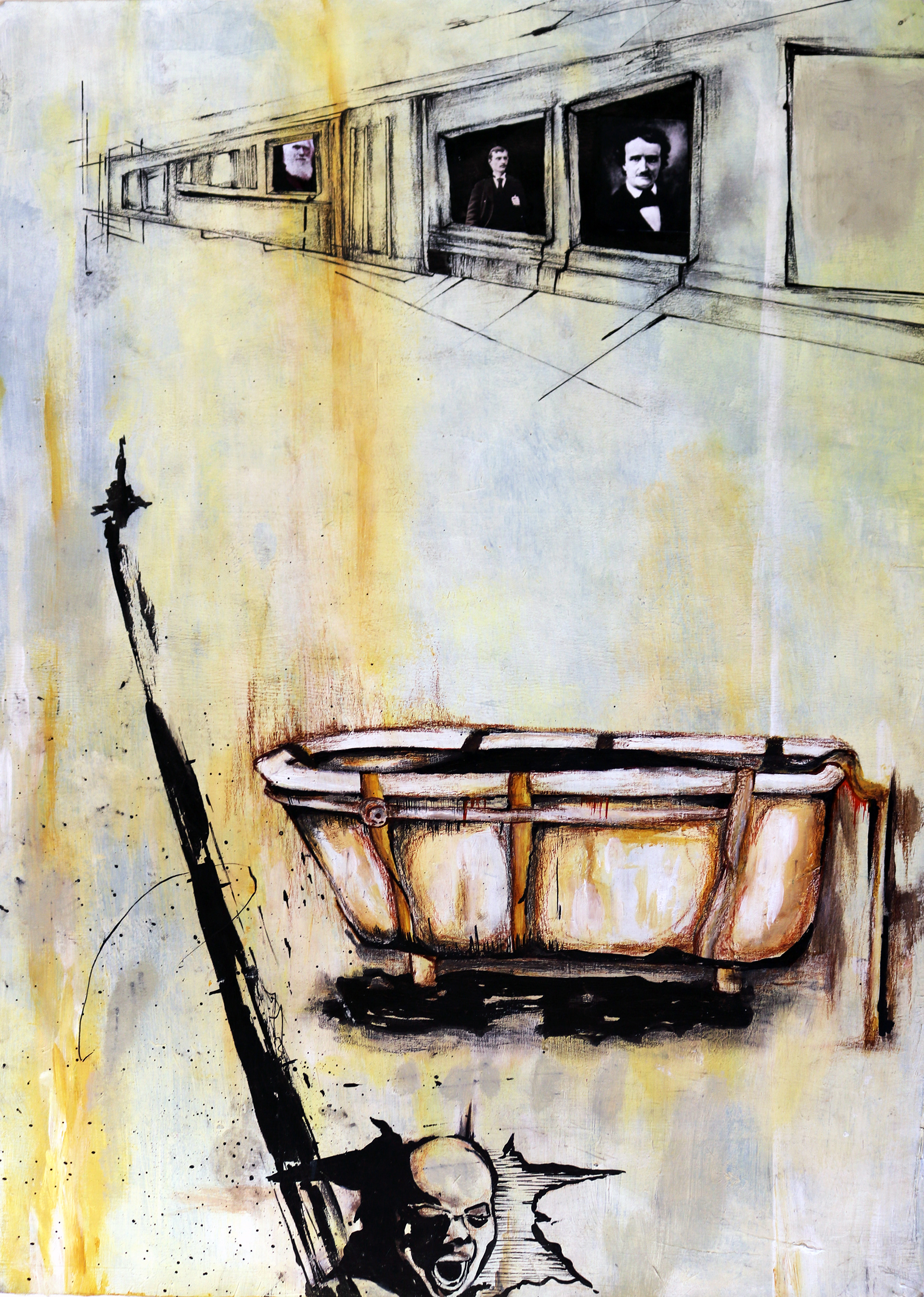 “Train of Pain” 29.7 x 42 cm (Unframed) Acrylic, inktense, indian ink and collage on paper.