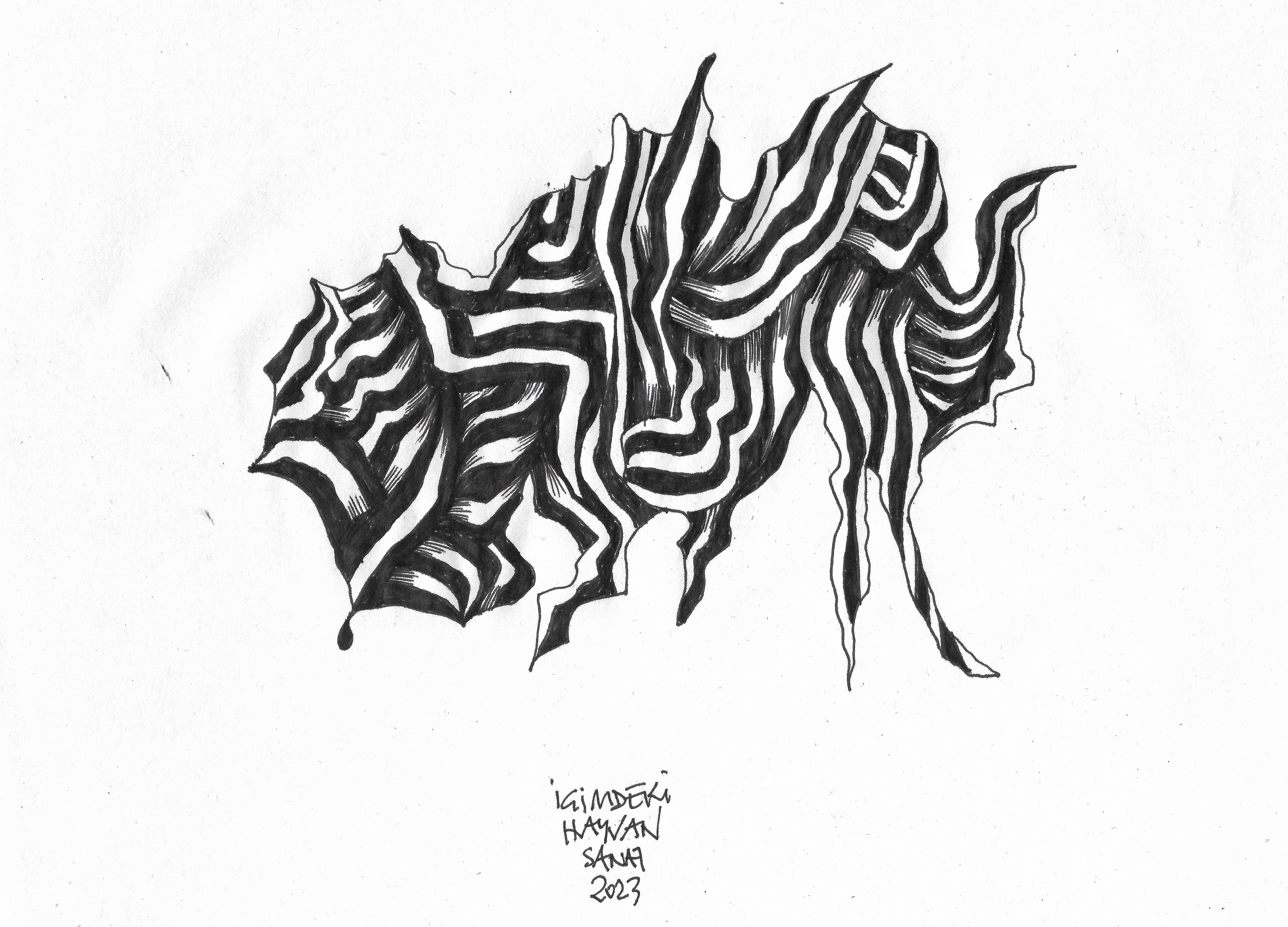 Animal in Flux 3 // Drawing in ink pen on second pulp paper, 28x20 cm, 2023