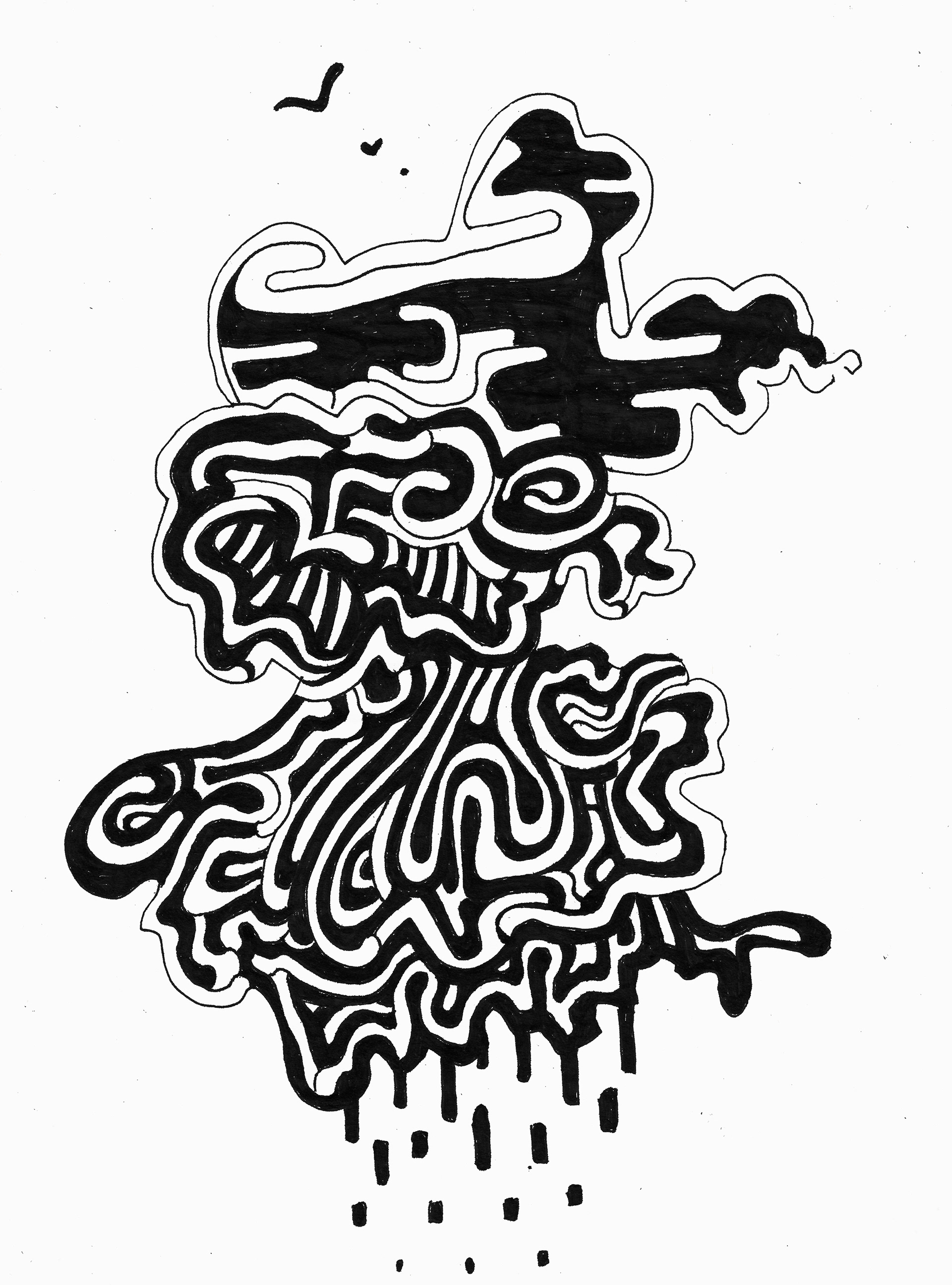 Drawing in ink pen on second pulp paper, 20x28 cm, 2023