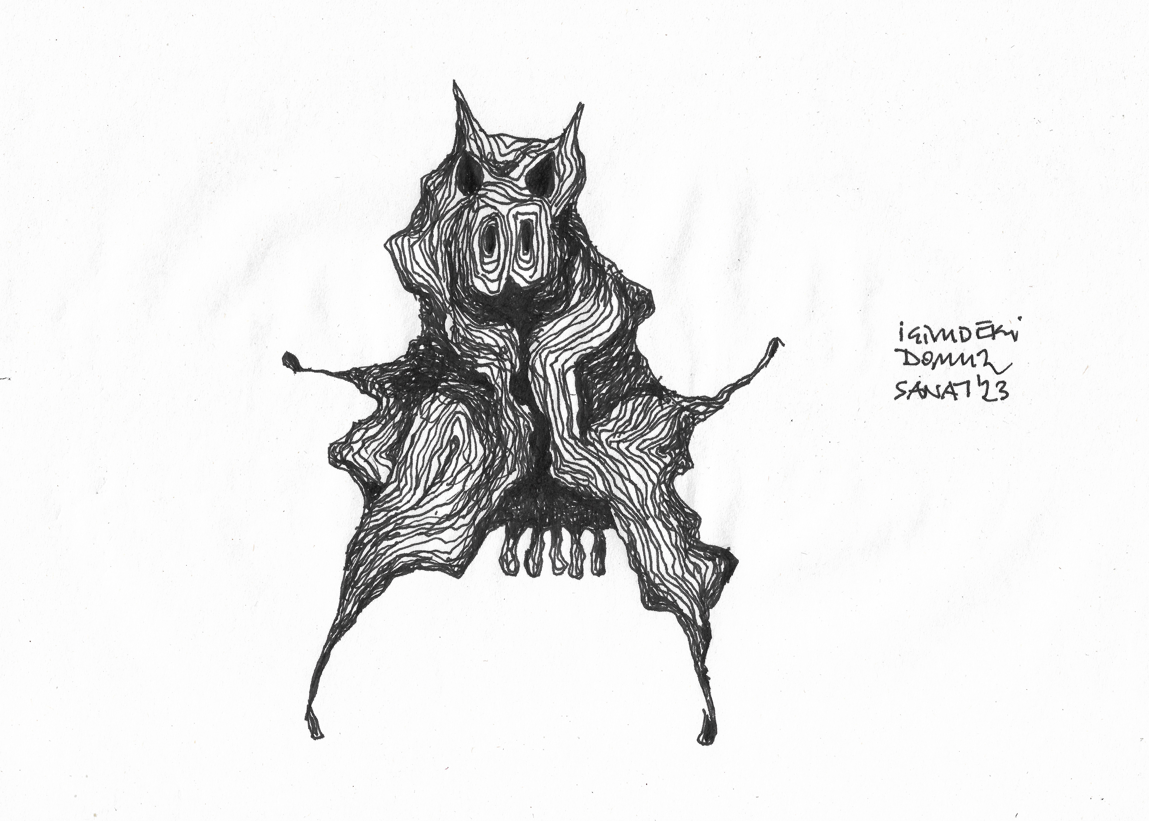 The Pig Inside Me // Drawing in ink pen on second pulp paper, 28x20 cm, 2023