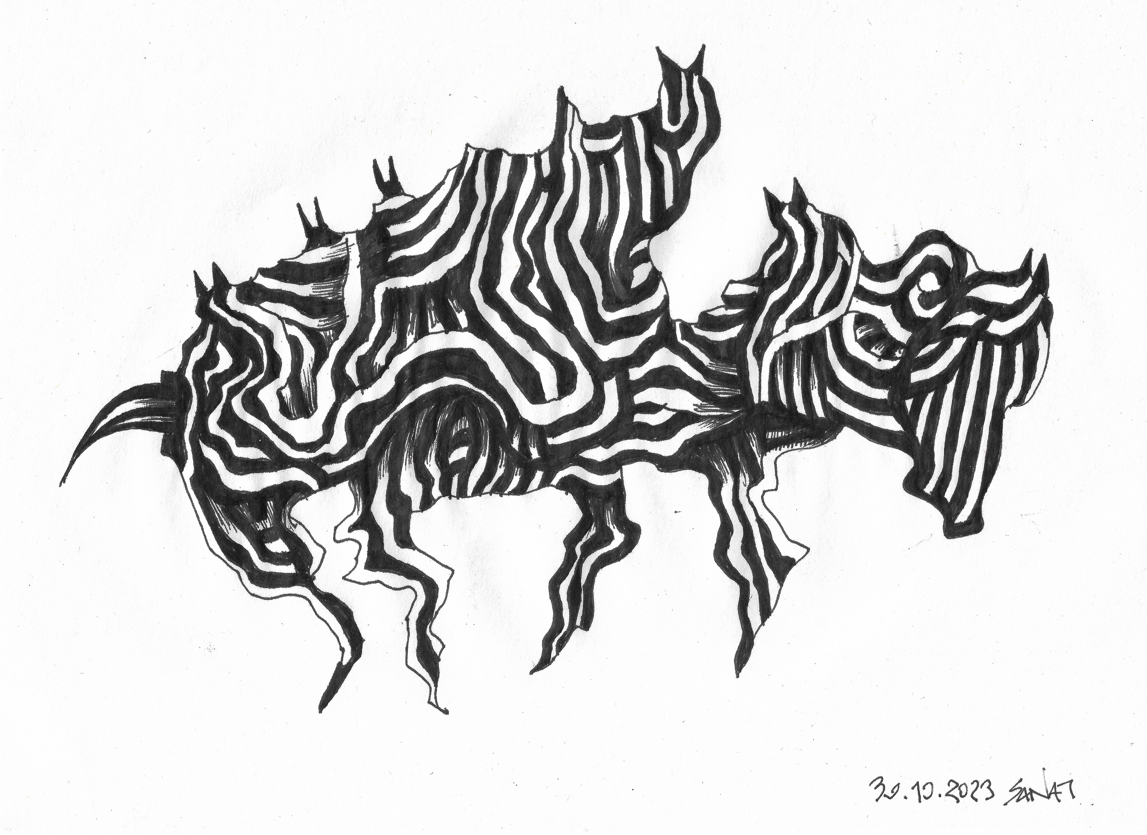 Animal in Flux 1 // Drawing in ink pen on second pulp paper, 28x20 cm, 2023