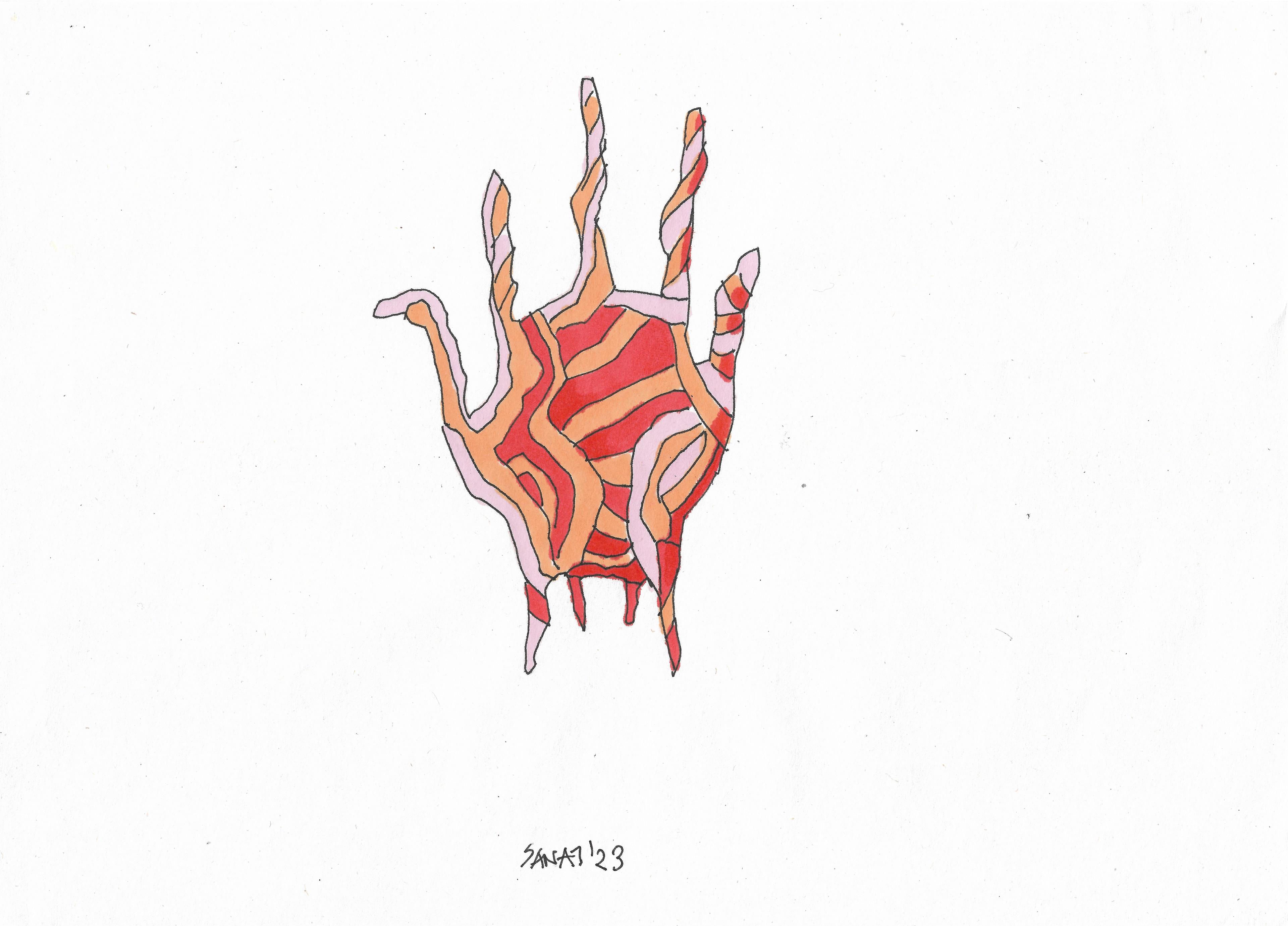 The Palm Animal Inside Me // Drawing in ink pen on second pulp paper, 28x20 cm, 2023