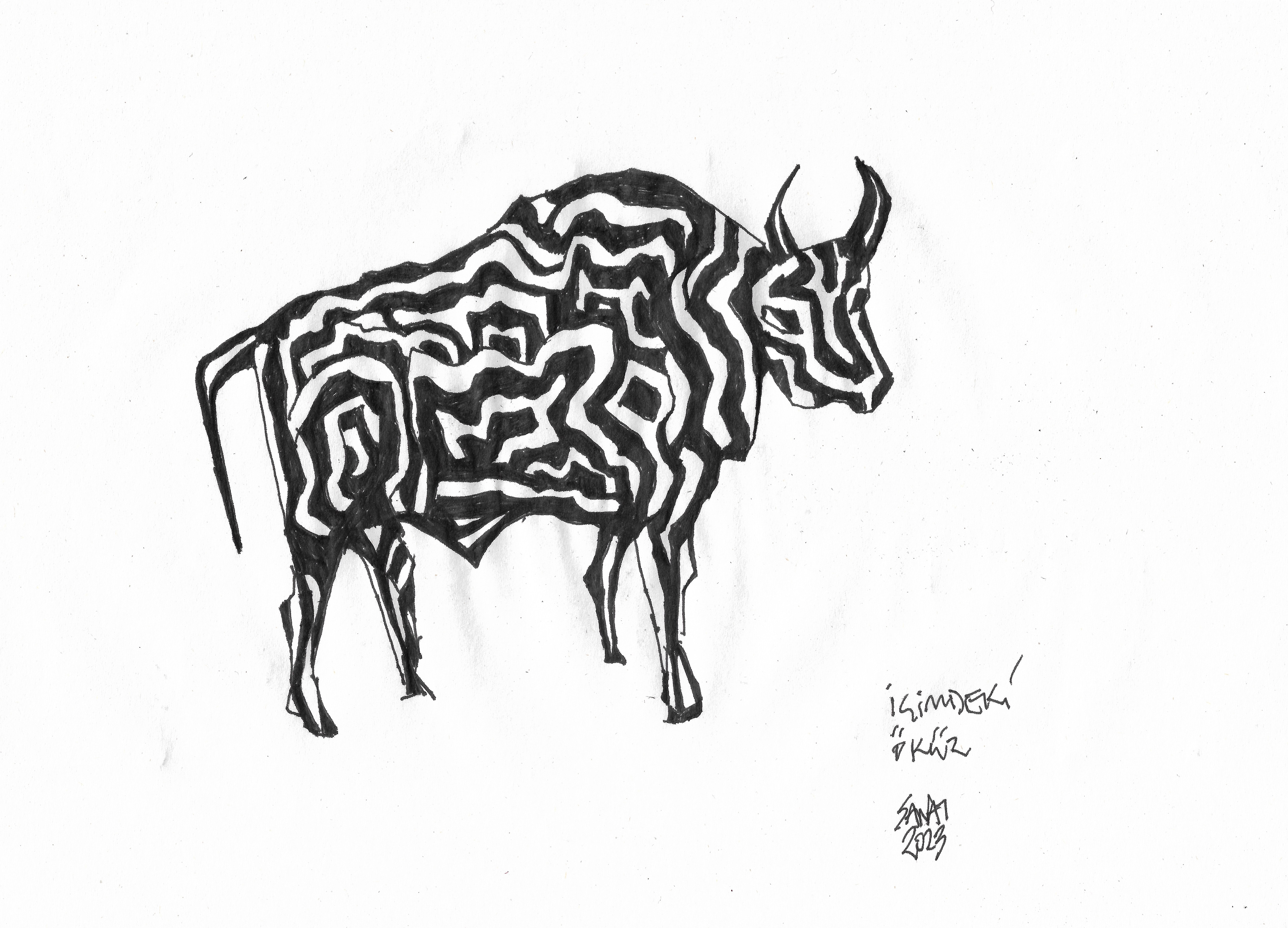 The Ox Inside Me // Drawing in ink pen on second pulp paper, 28x20 cm, 2023