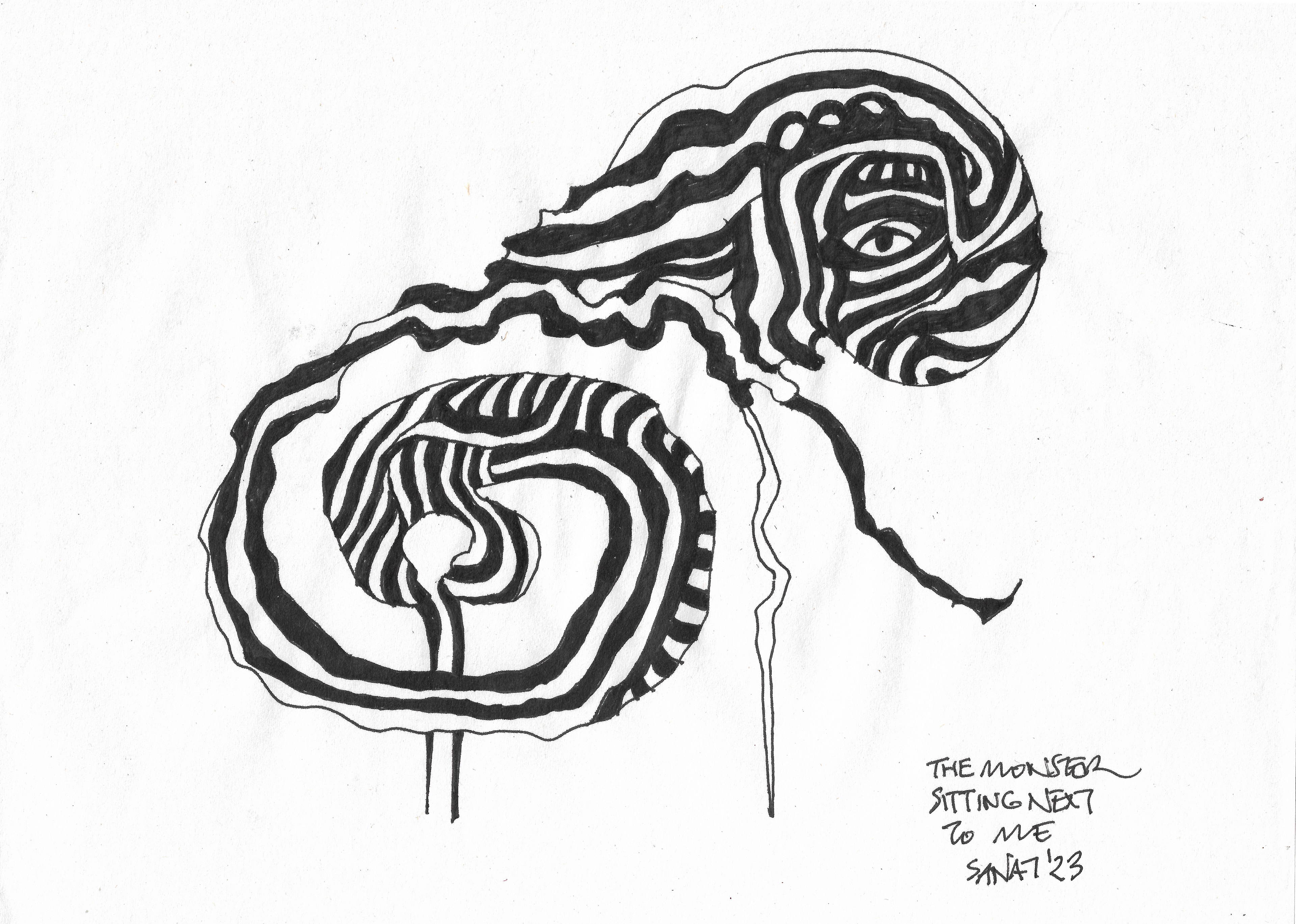 The Monster Sitting at the Next Table // Drawing in ink pen on second pulp paper, 28x20 cm, 2023