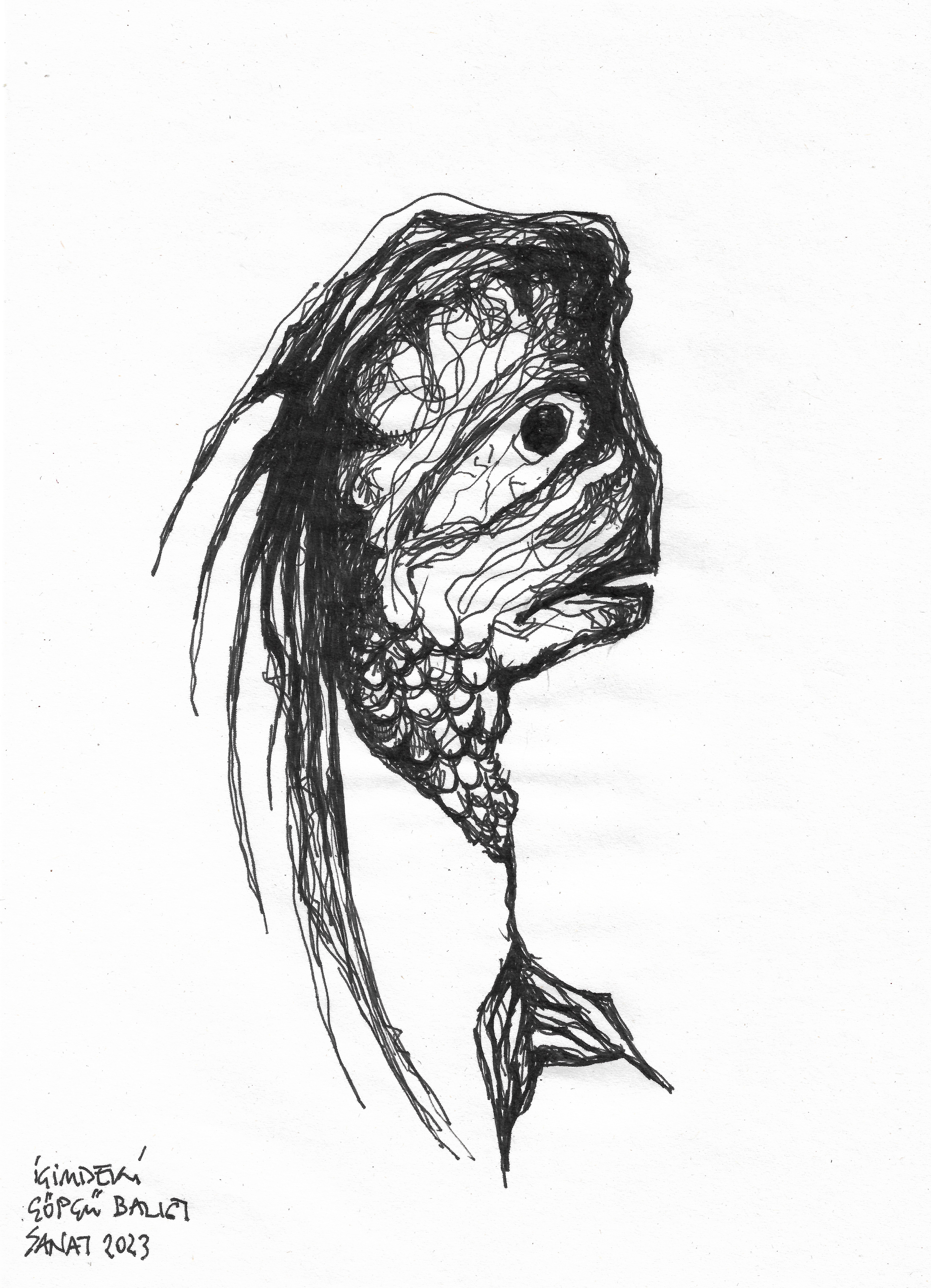 The Fish of Garbage Inside Me (not literally translated) // Drawing in ink pen on second pulp paper, 20x28 cm, 2023