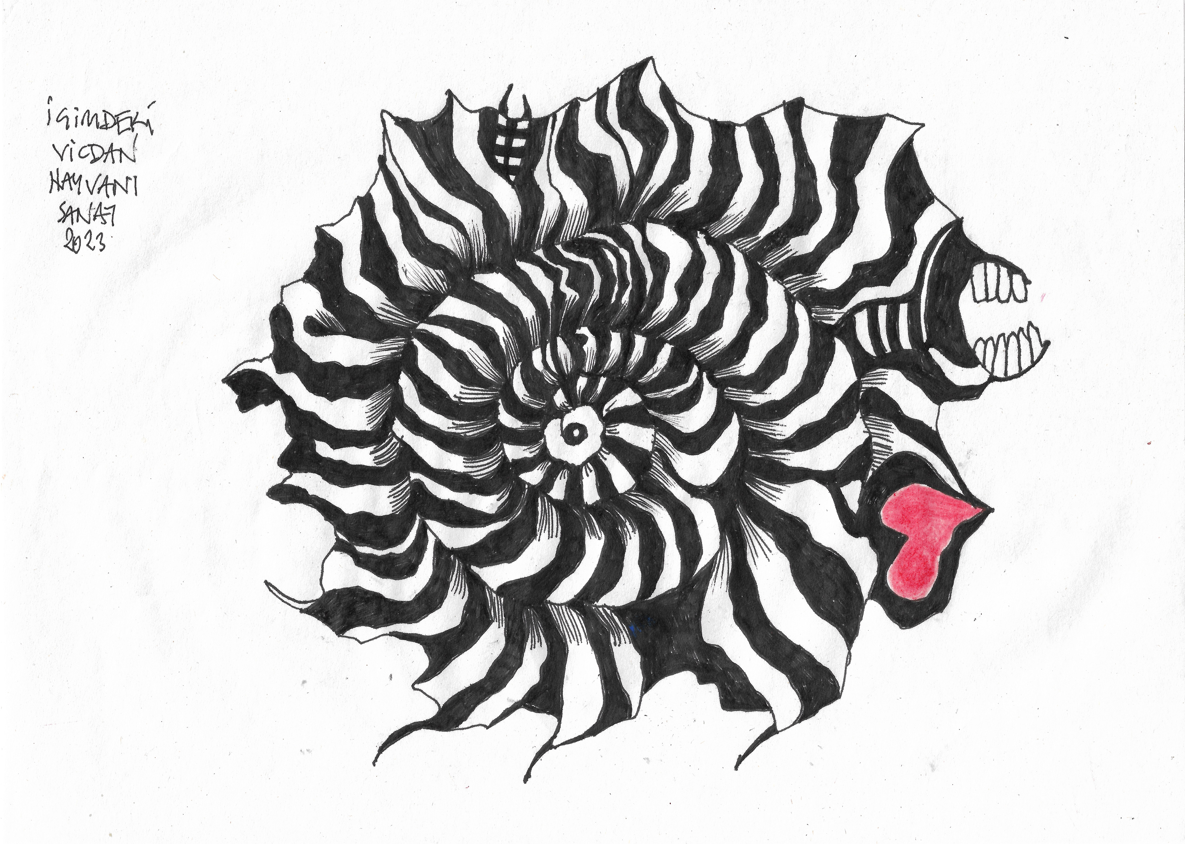 The Animal of Conscious Inside Me // Drawing in ink pen on second pulp paper, 28x20 cm, 2023