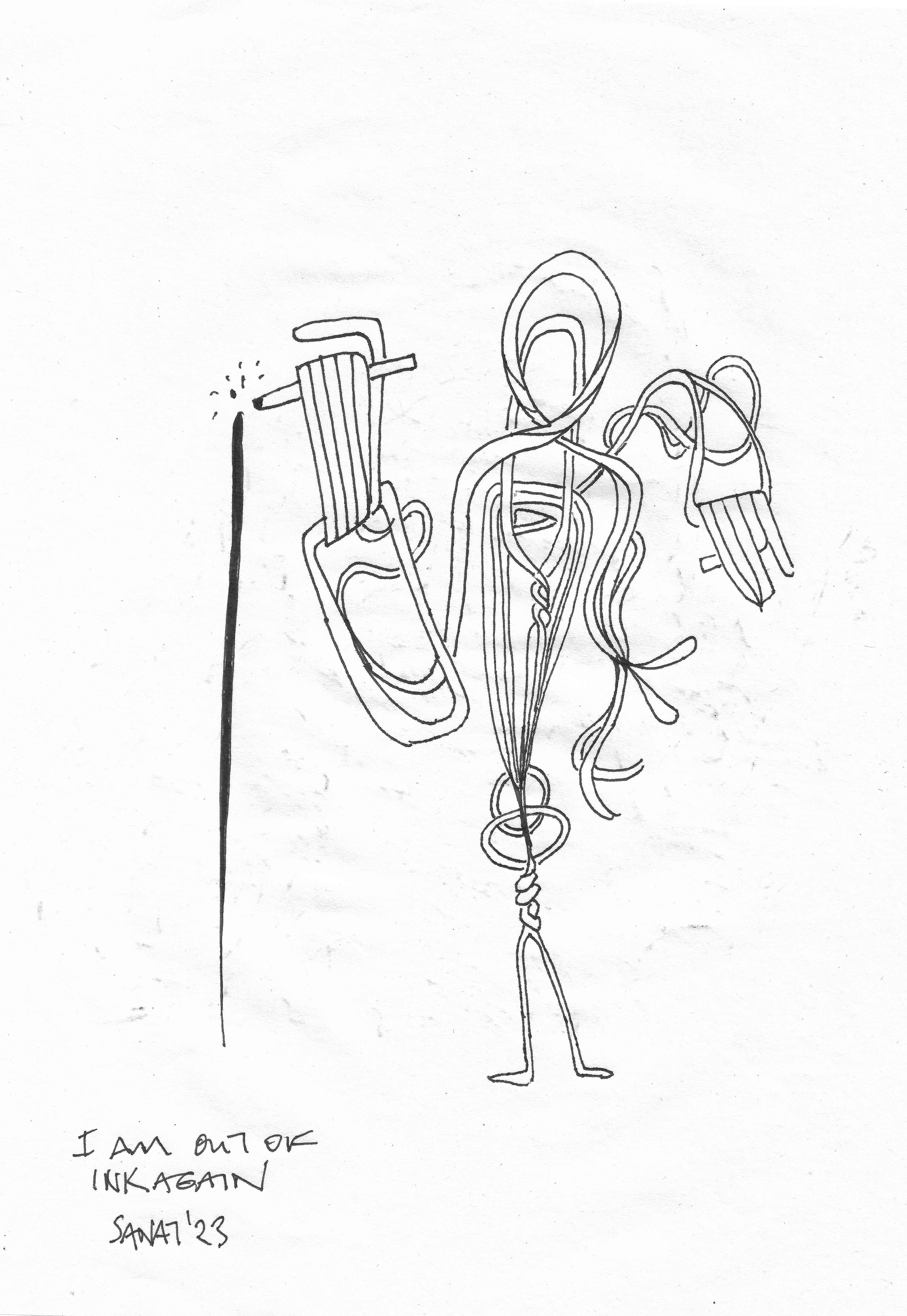 Drawing in ink pen on second pulp paper, 20x28 cm, 2023