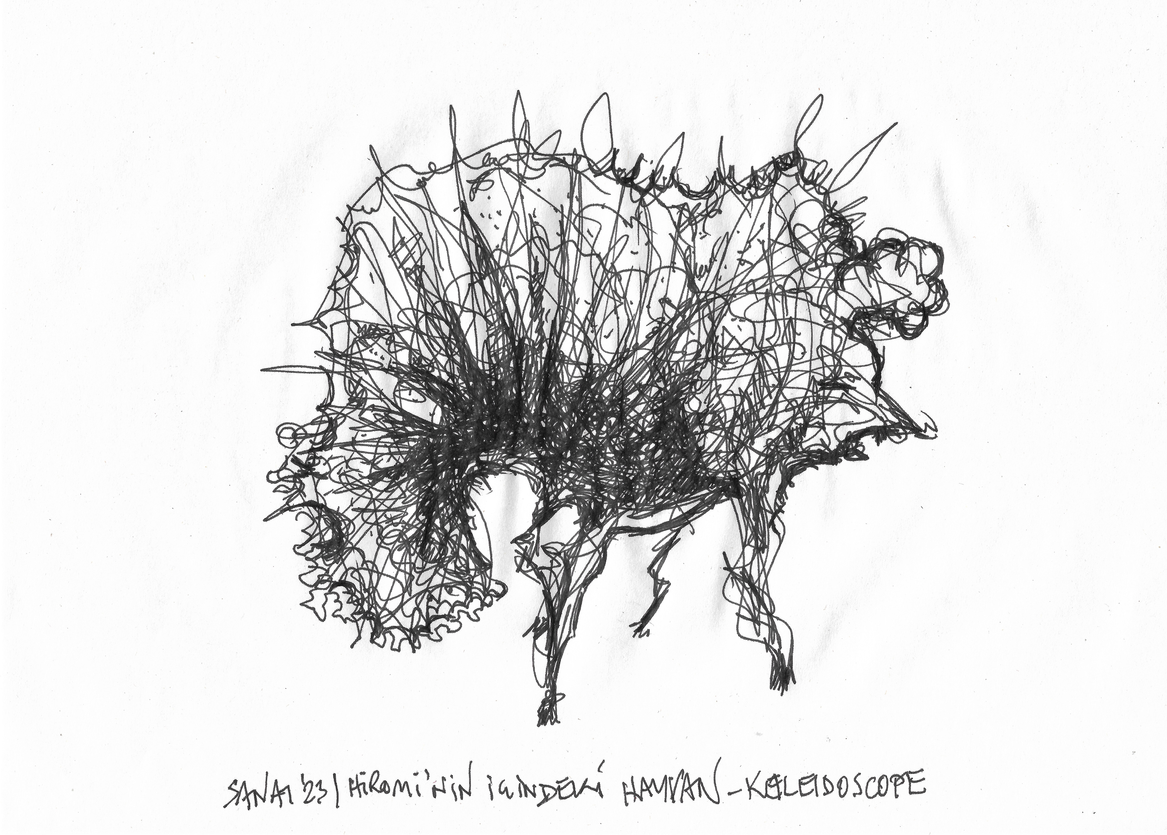 The Animal Inside Hiromi, Sketch realized by following the playing patterns of the track "Kaleidoscope" from the 2019 album SPECTRUM by Hiromi Uehara. // Drawing in ink pen on second pulp paper, 28x20 cm, 2023