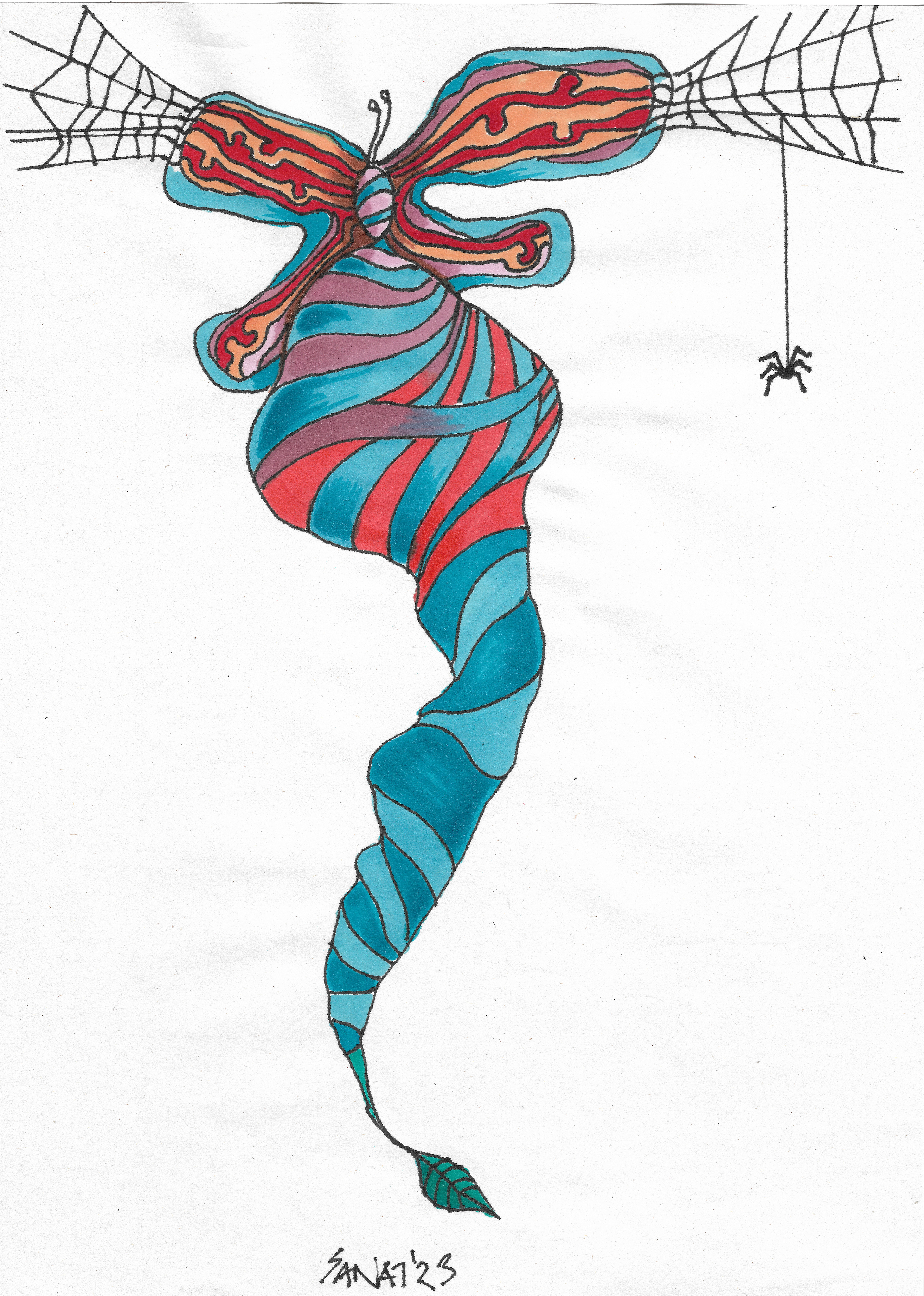 Out of the Cocoon // Drawing in ink pen on second pulp paper, 20x28 cm, 2023