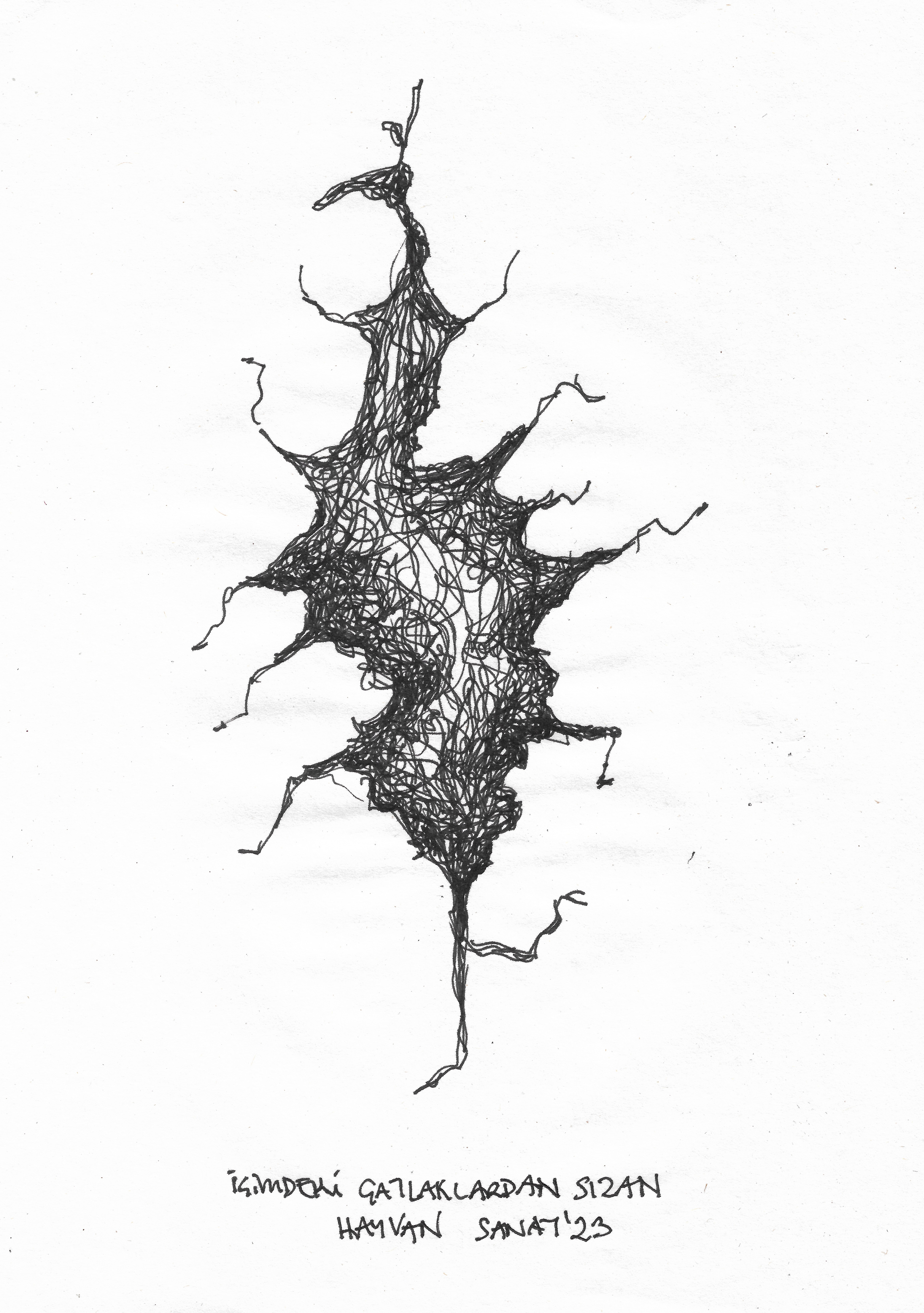 The Animal Who Oozes from the Cracks Inside Me // Drawing in ink pen on second pulp paper, 20x28 cm, 2023