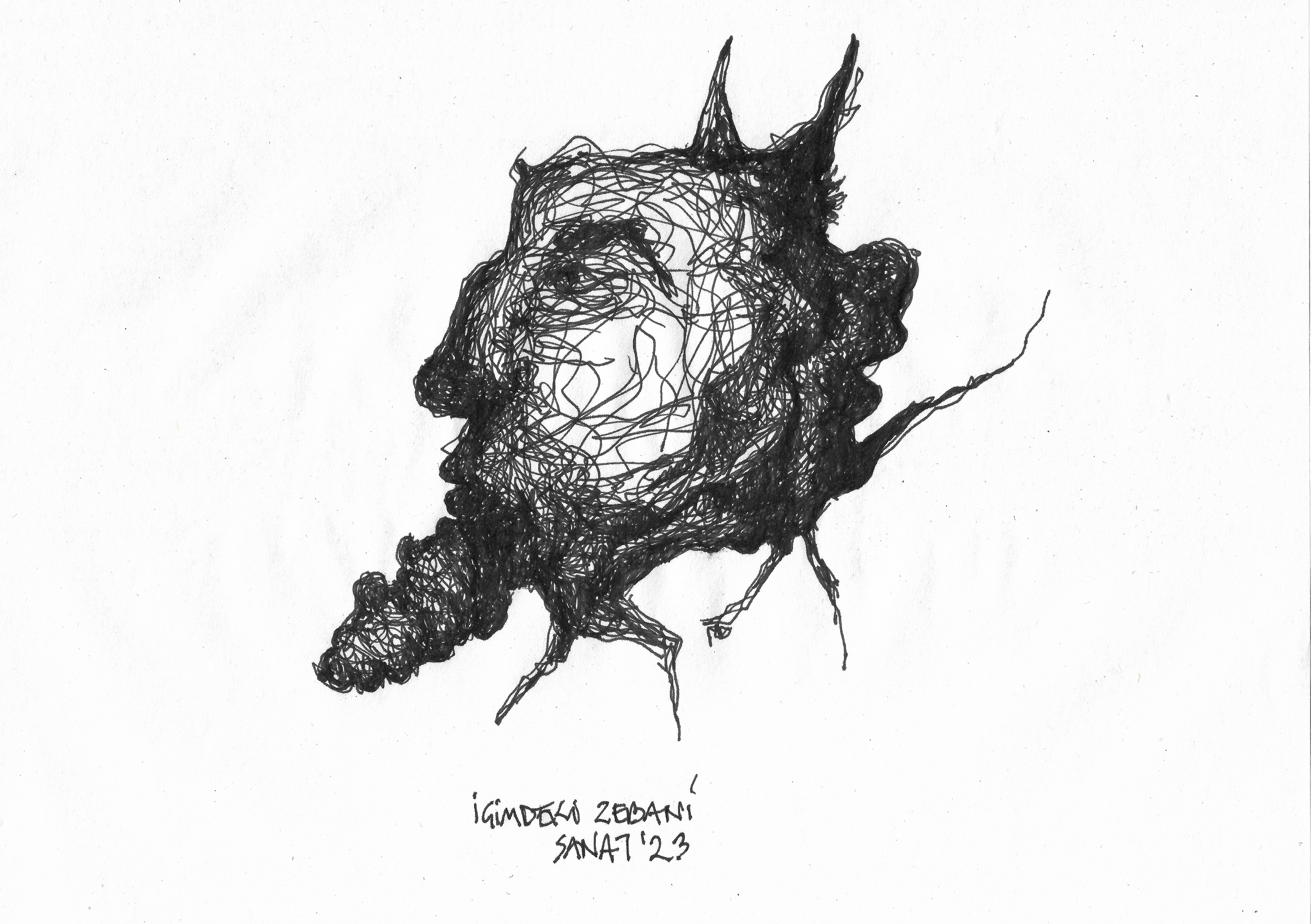 The Demon of Hell Inside Me // Drawing in ink pen on second pulp paper, 28x20 cm, 2023