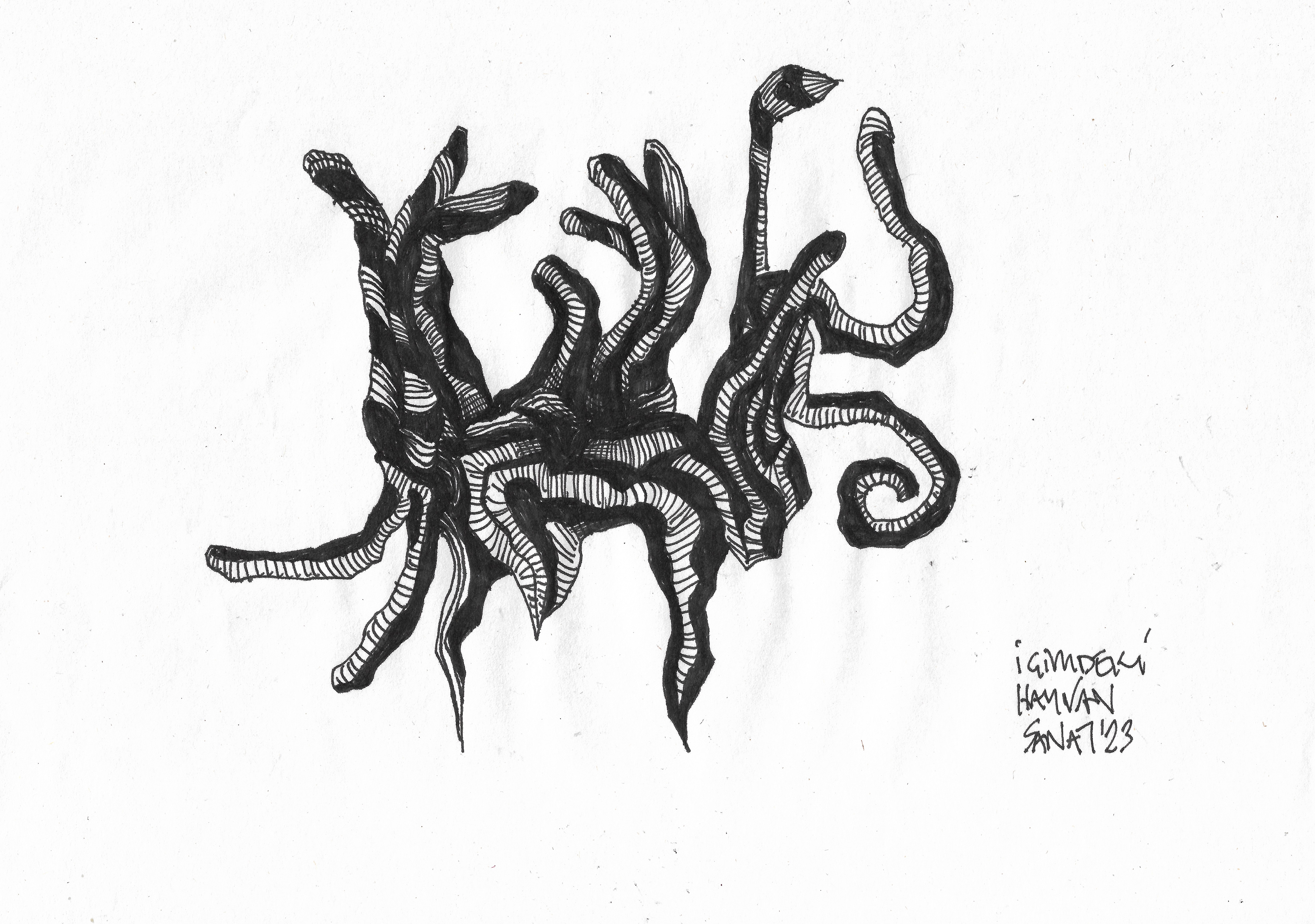 Animal in Flux 6 // Drawing in ink pen on second pulp paper, 28x20 cm, 2023