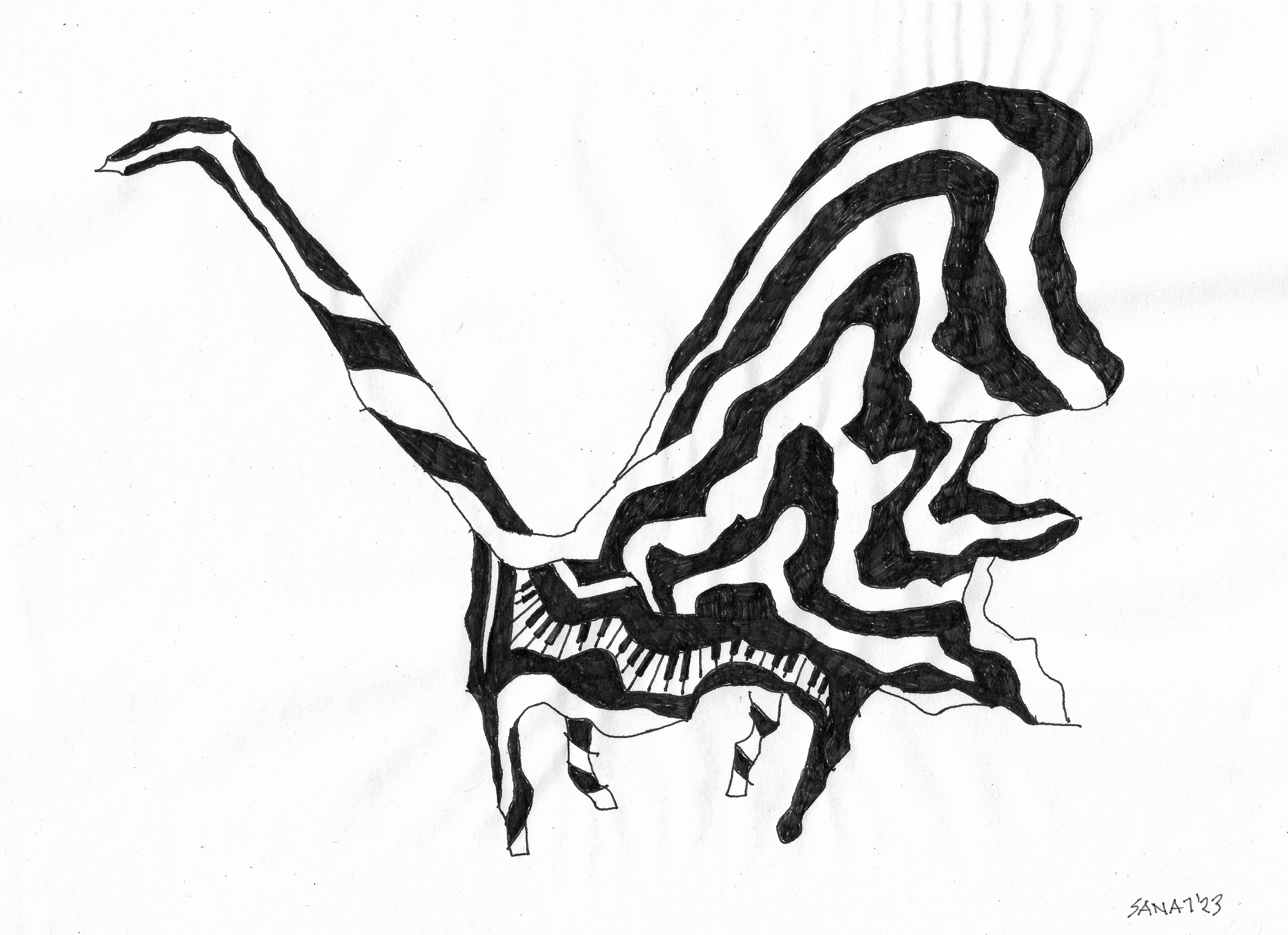The Piano Animal Inside Me // Drawing in ink pen on second pulp paper, 28x20 cm, 2023