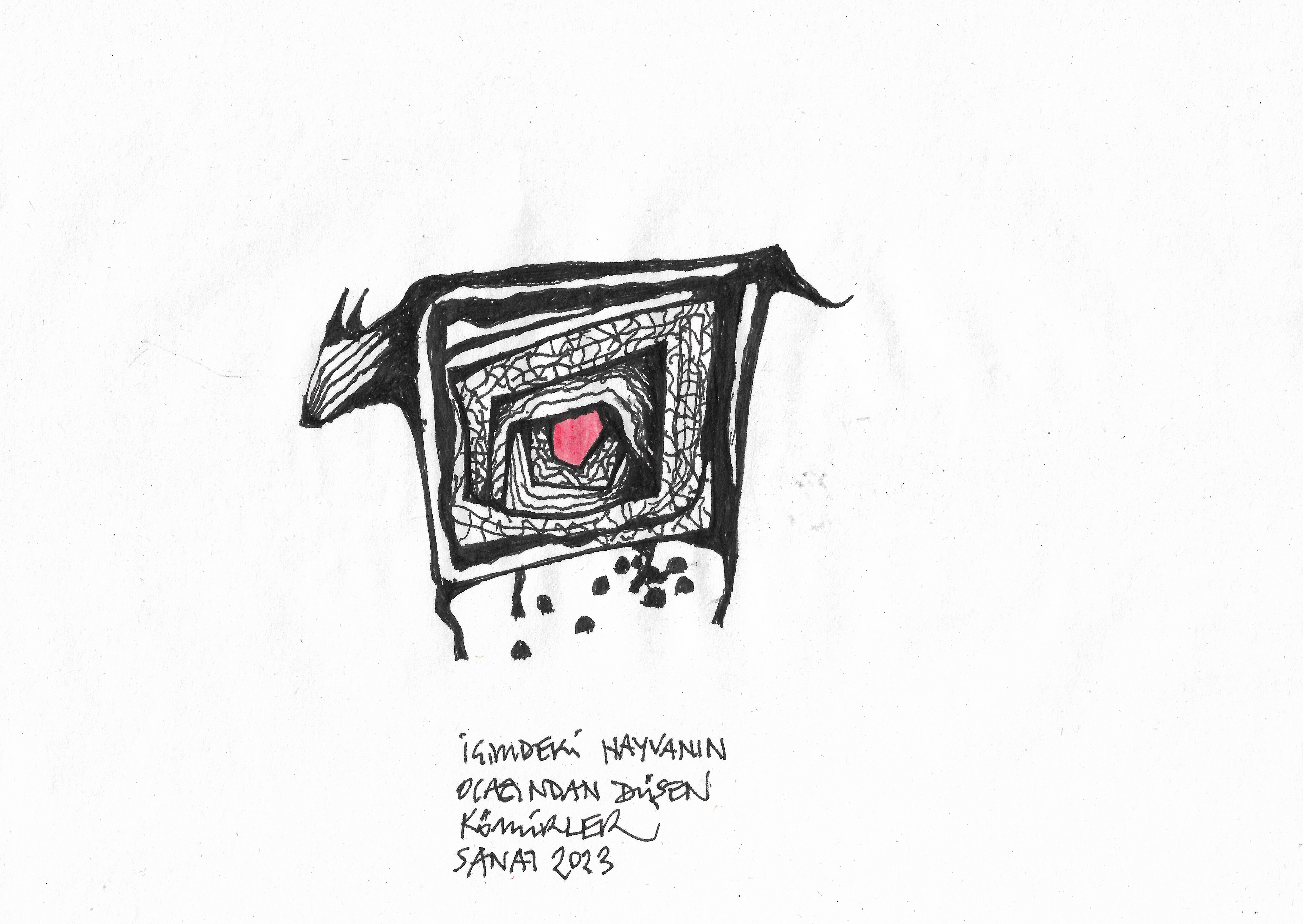 The Coals That fell from the Animal Oven Inside Me // Drawing in ink pen on second pulp paper, 28x20 cm, 2023