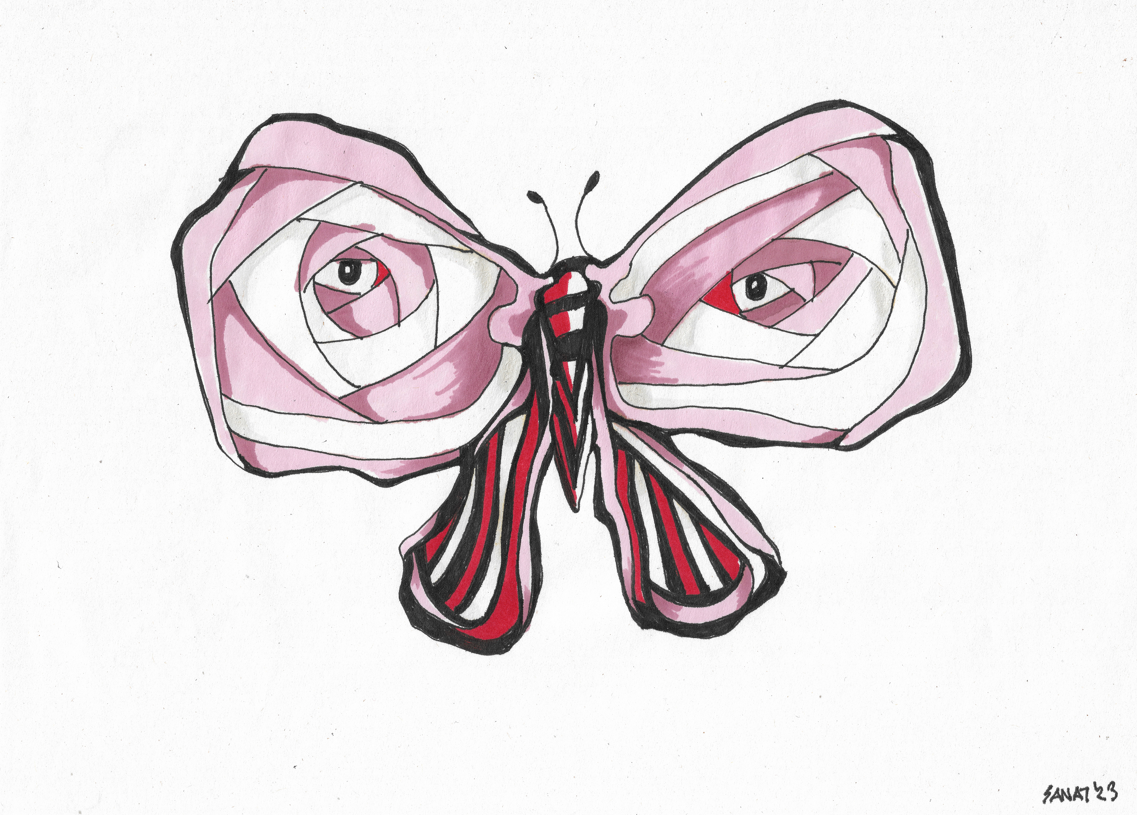 The Observer Butterly // Drawing in ink pen on second pulp paper, 28x20 cm, 2023