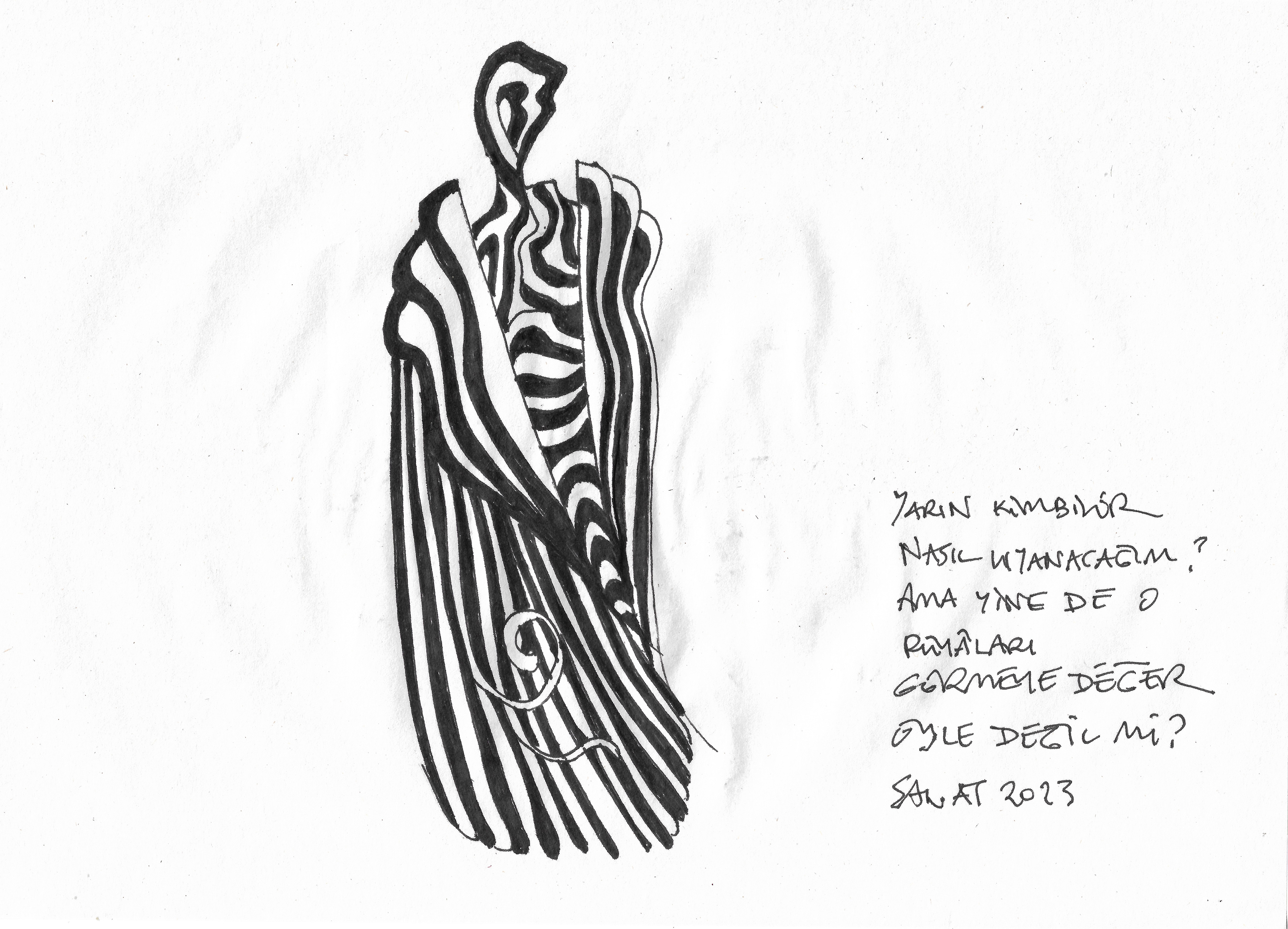 God only knows how I'll wake up tomorrow. Yet It's still worth seeing those dreams, isn't It so? // Drawing in ink pen on second pulp paper, 28x20 cm, 2023