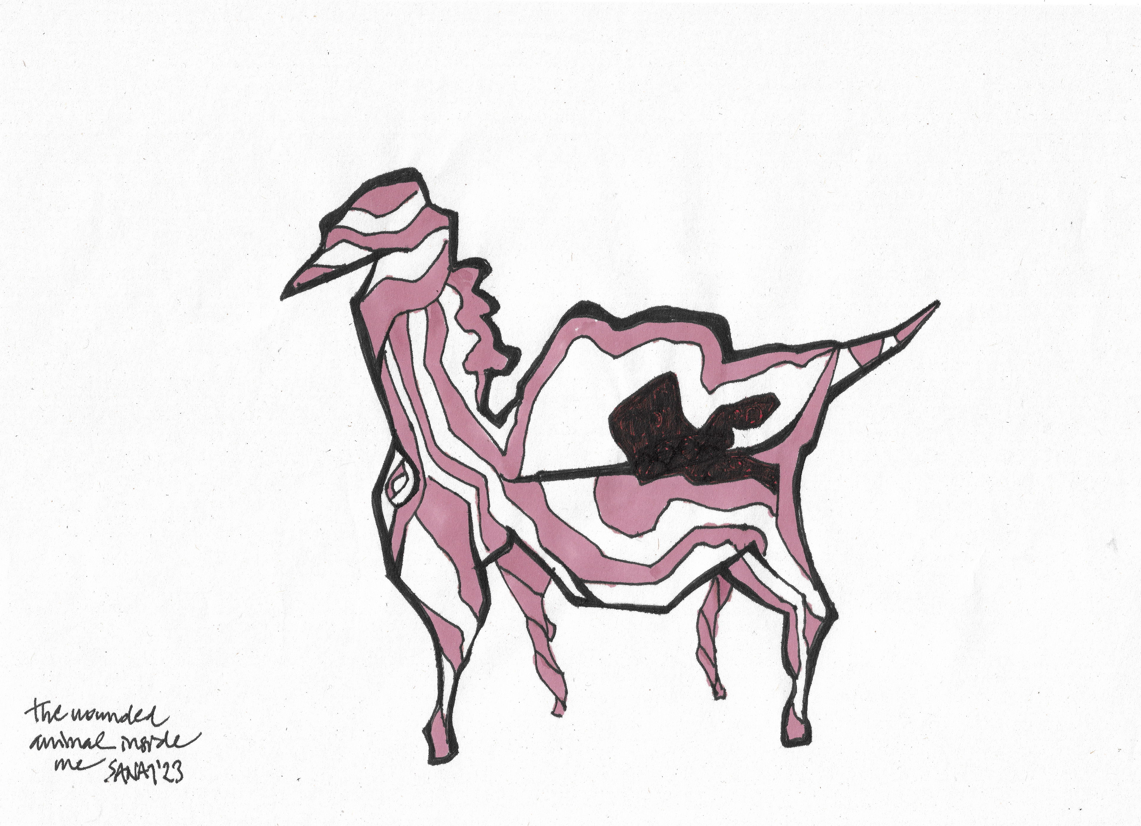 The Wounded Animal Inside Me // Drawing in ink pen on second pulp paper, 28x20 cm, 2023