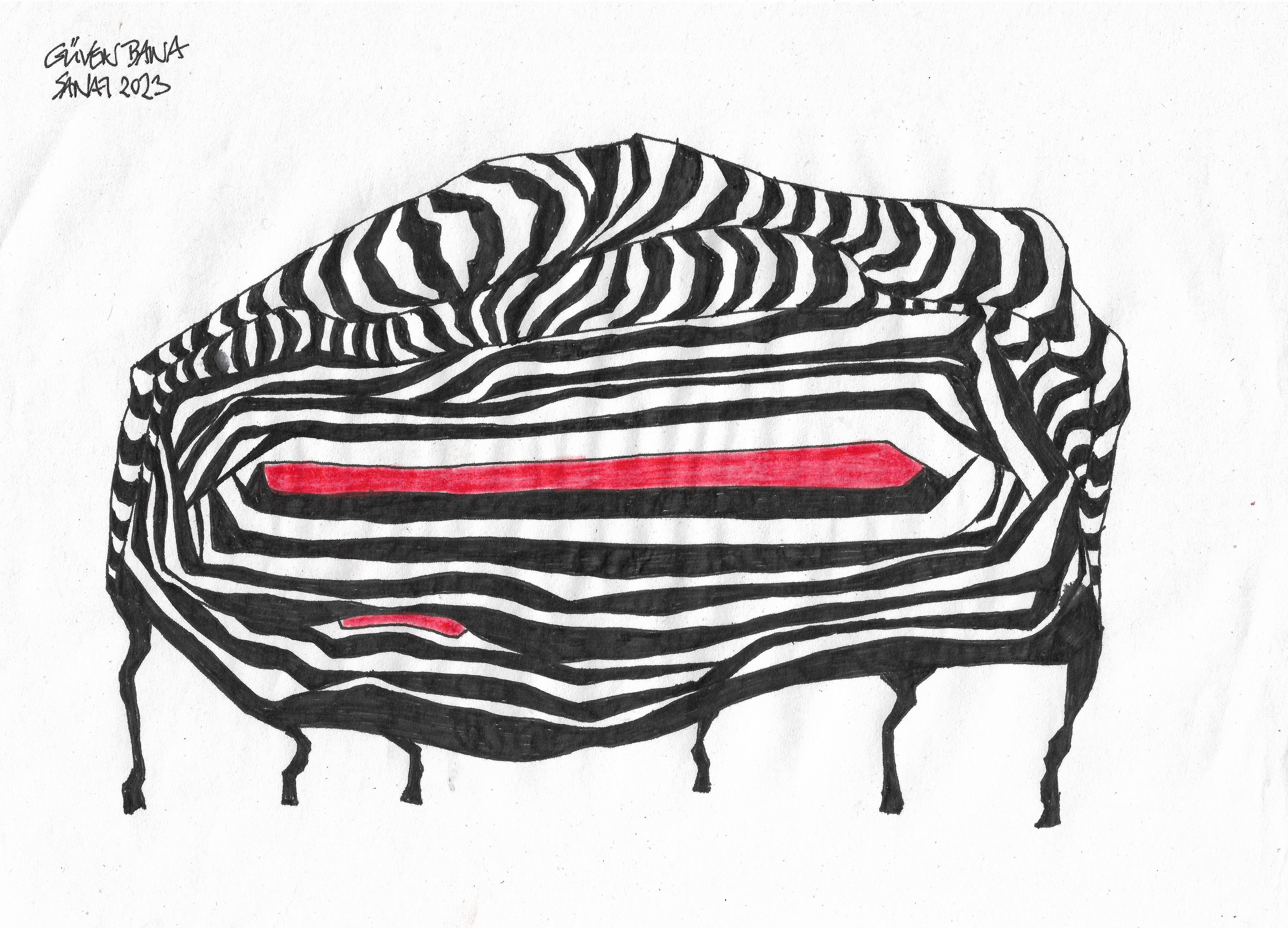 "Trust Me", said the animal... // Drawing in ink pen on second pulp paper, 28x20 cm, 2023