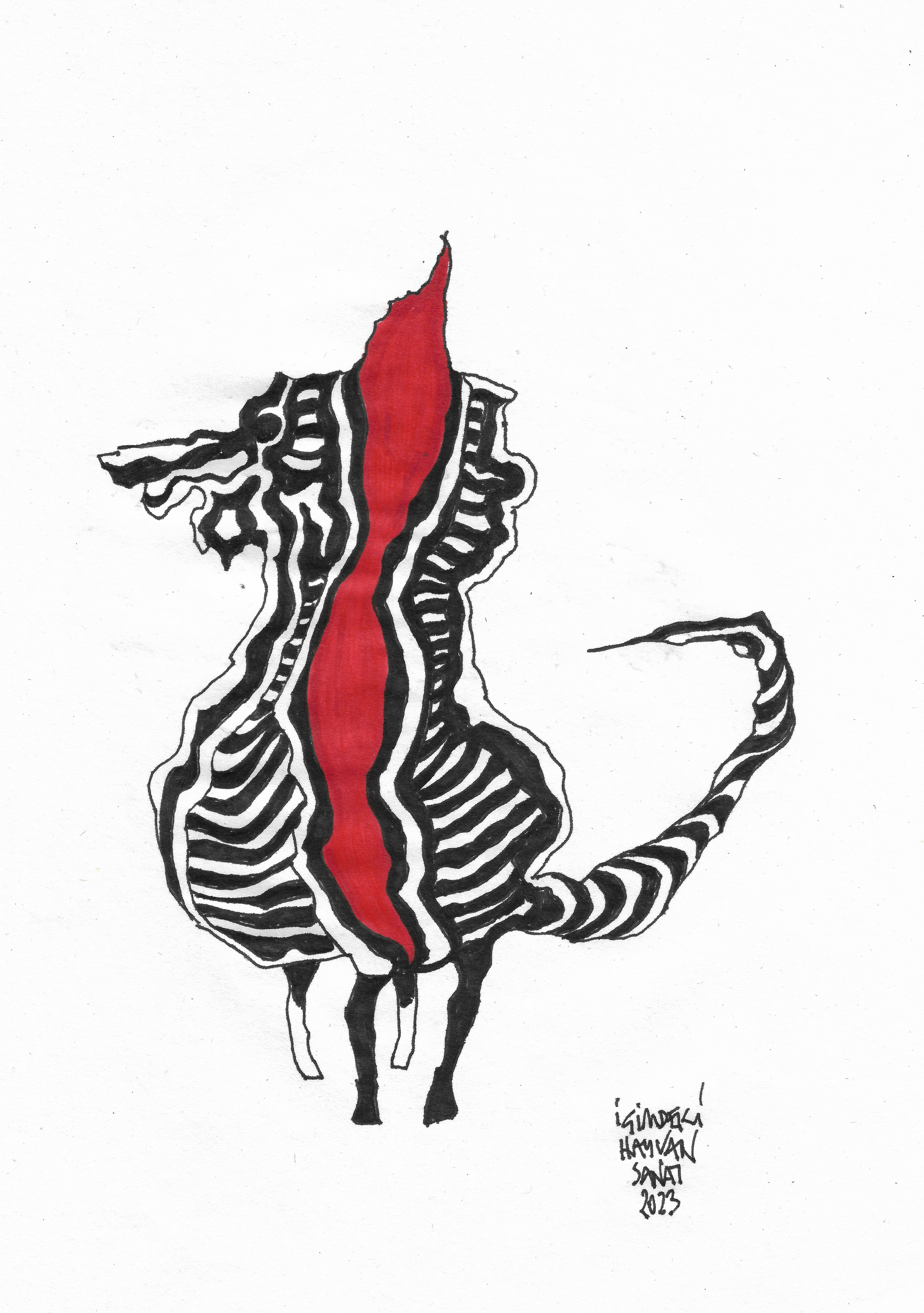 The Red Core // Drawing in ink pen on second pulp paper, 20x28 cm, 2023