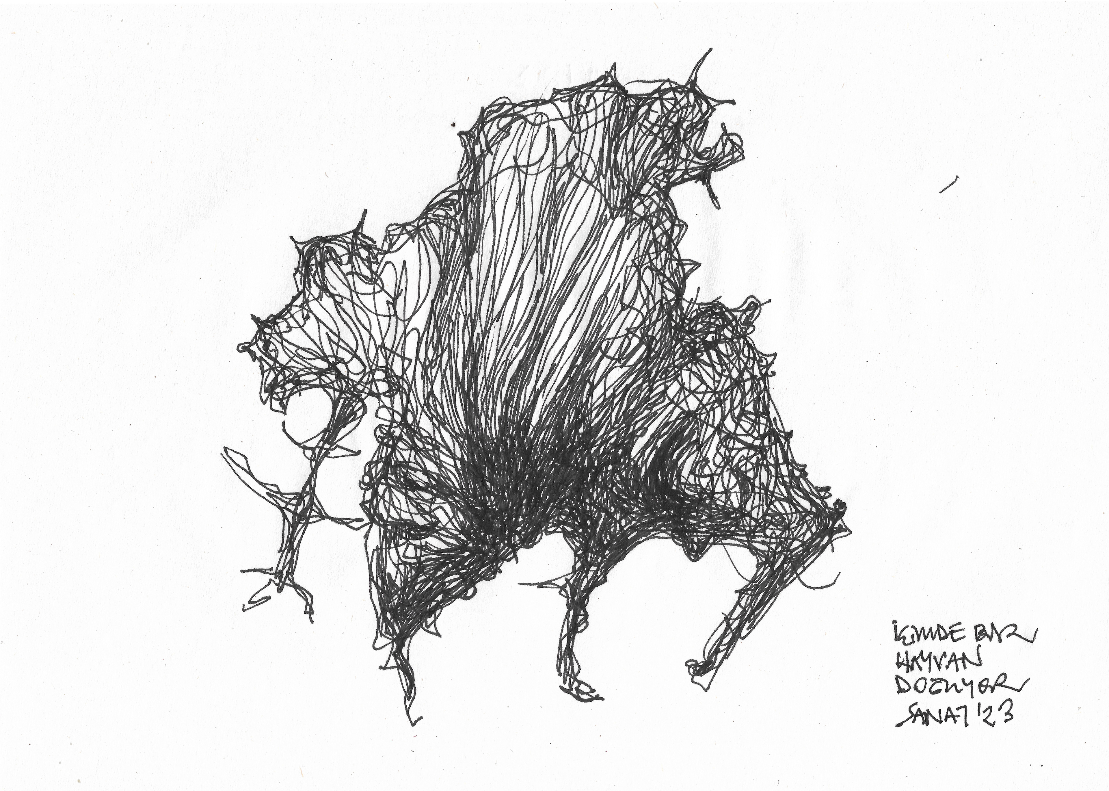 An Animal is Born Inside Me // Drawing in ink pen on second pulp paper, 28x20 cm, 2023