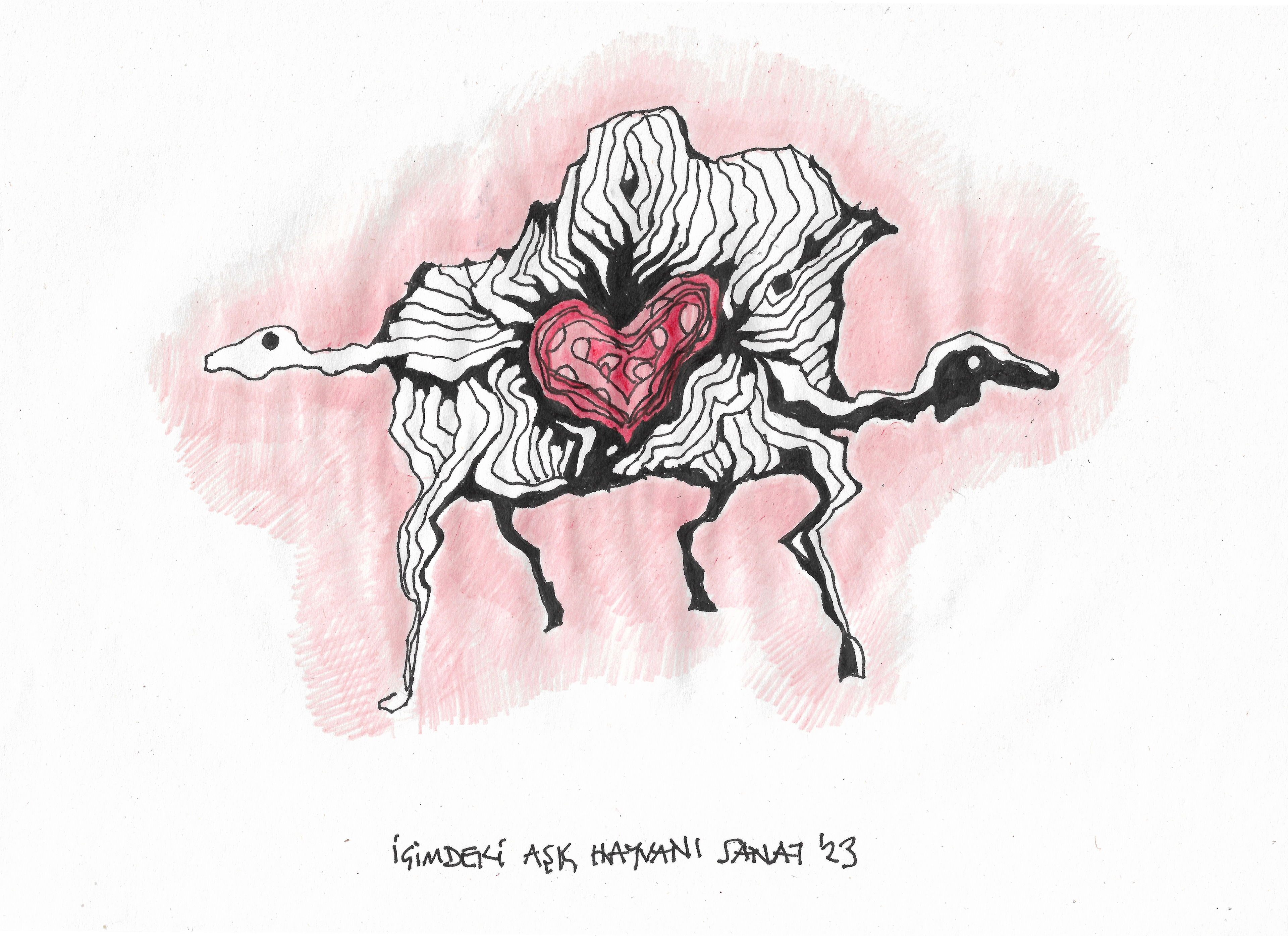 The Animal of Love Inside Me // Drawing in ink pen on second pulp paper, 28x20 cm, 2023
